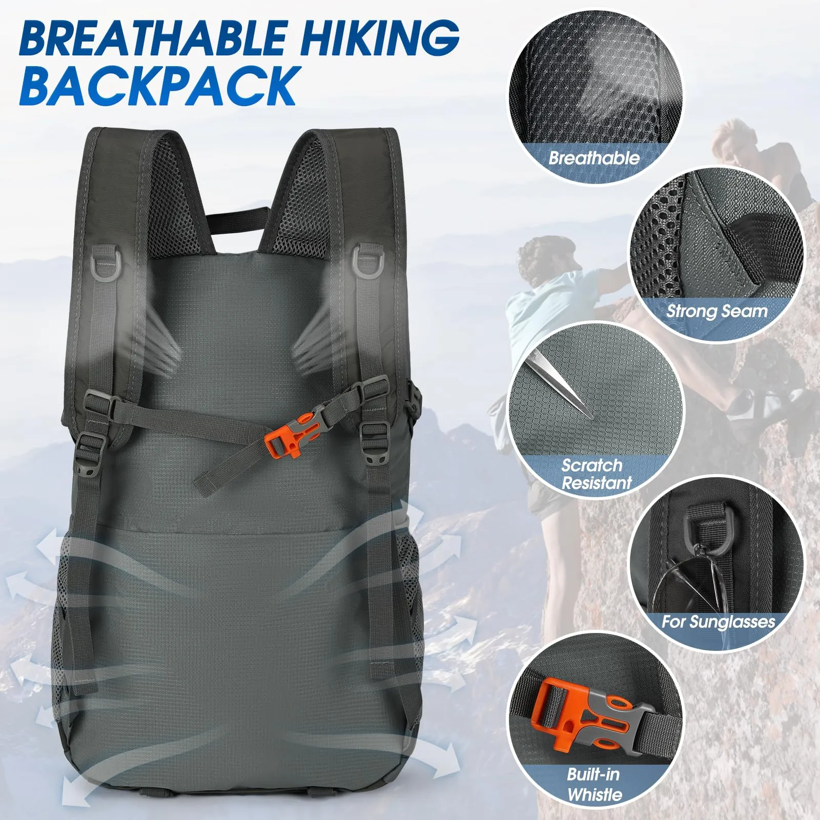 IGOLUMON Zaino Trekking 40 Litri Ultraleggero Pieghevole Impermeabile con Strisce Riflettenti - immagine 5