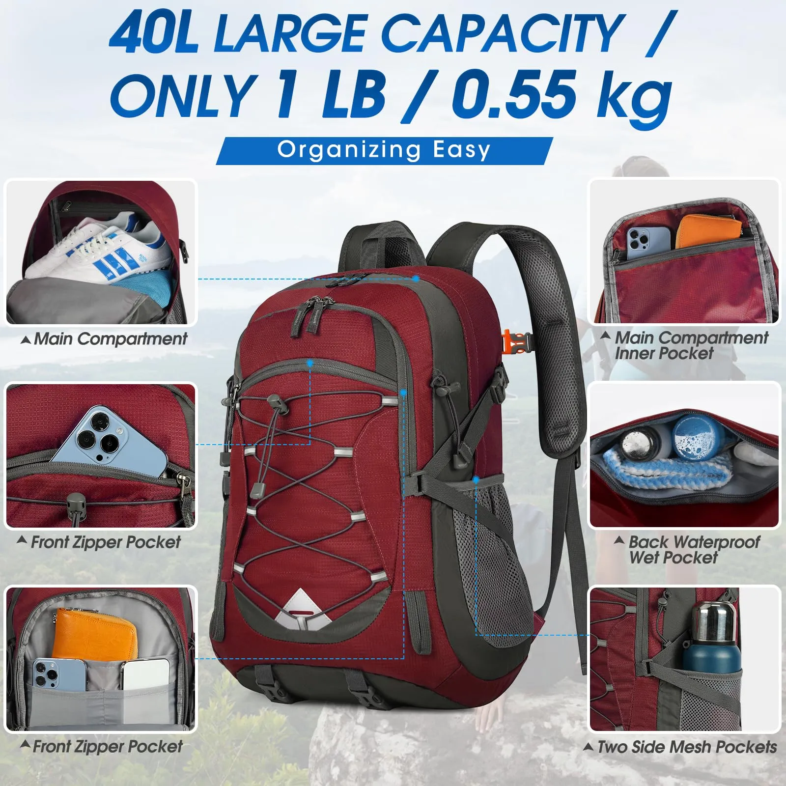 IGOLUMON Zaino Trekking 40 Litri Ultraleggero Pieghevole Impermeabile con Strisce Riflettenti - immagine 2