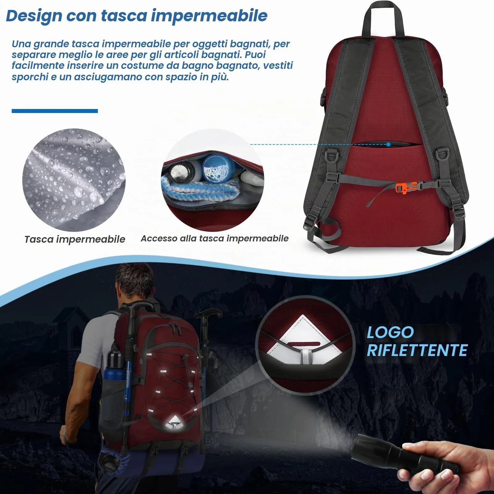 IGOLUMON Zaino Trekking 40 Litri Ultraleggero Pieghevole Impermeabile con Strisce Riflettenti - immagine 3