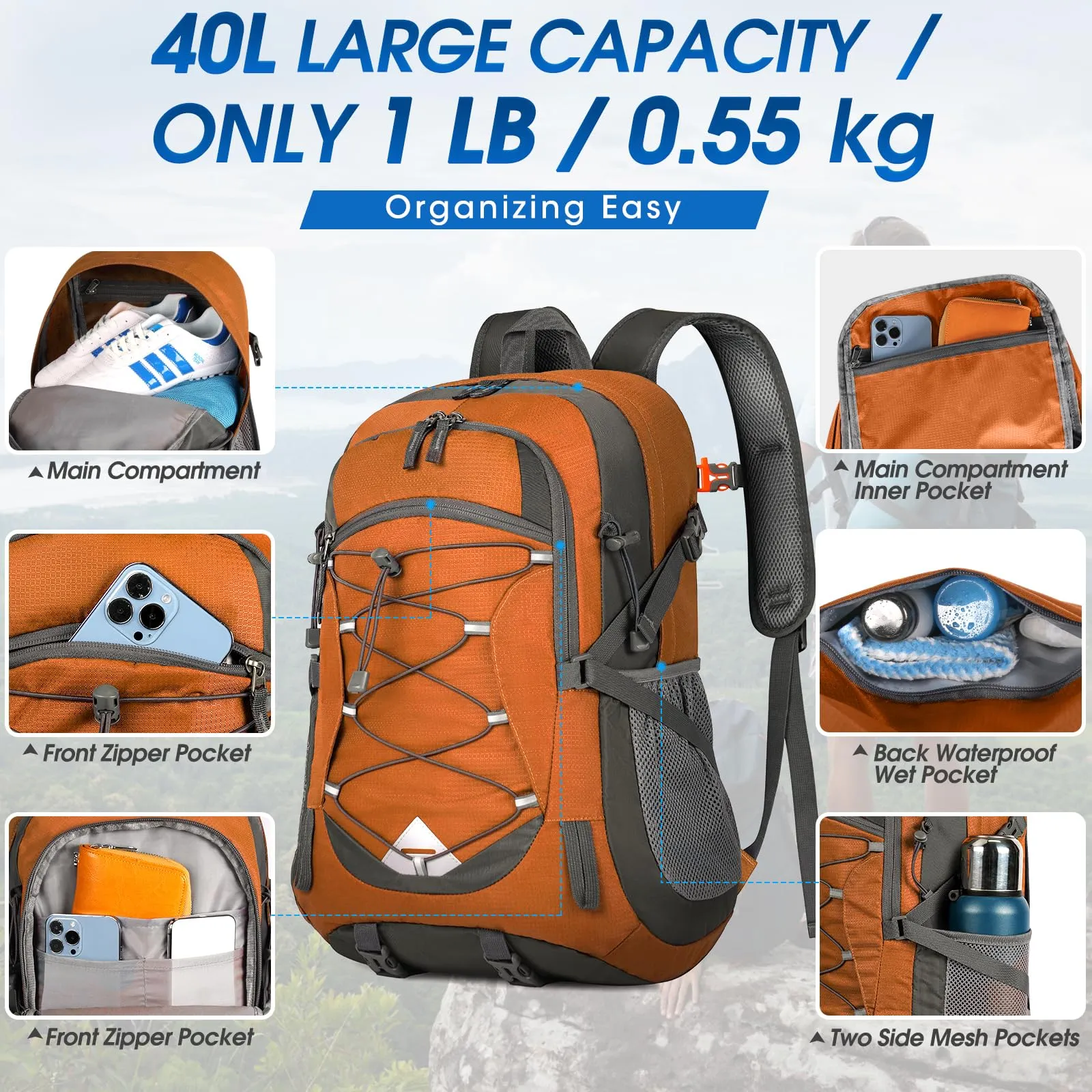 IGOLUMON Zaino Trekking 40L Ultraleggero Pieghevole Impermeabile con Strisce Riflettenti - immagine 2