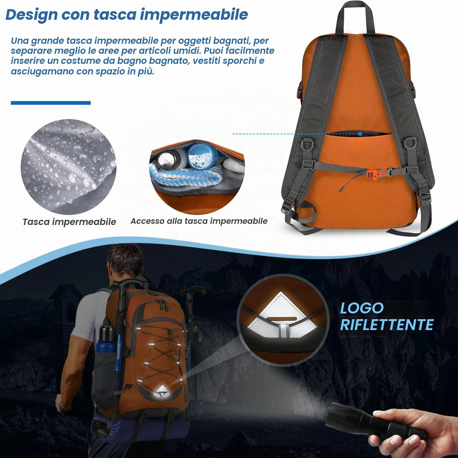 IGOLUMON Zaino Trekking 40L Ultraleggero Pieghevole Impermeabile con Strisce Riflettenti - immagine 3