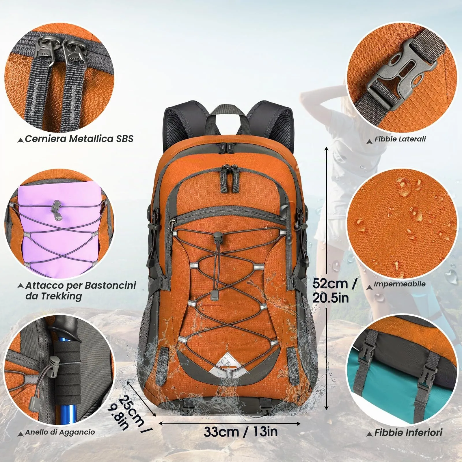 IGOLUMON Zaino Trekking 40L Ultraleggero Pieghevole Impermeabile con Strisce Riflettenti - immagine 4