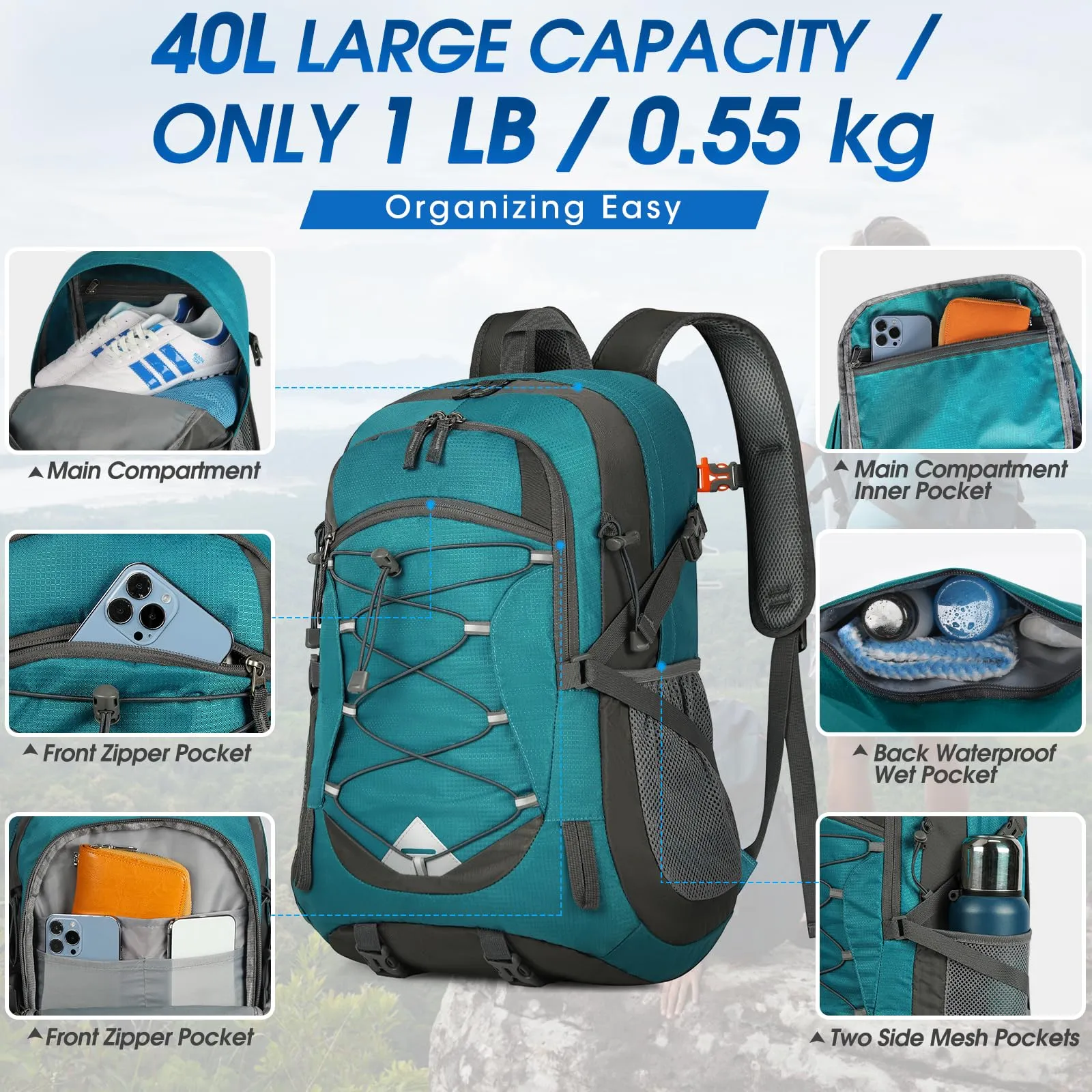 IGOLUMON Zaino Trekking 40L Impermeabile e Pieghevole con Strisce Riflettenti - immagine 2