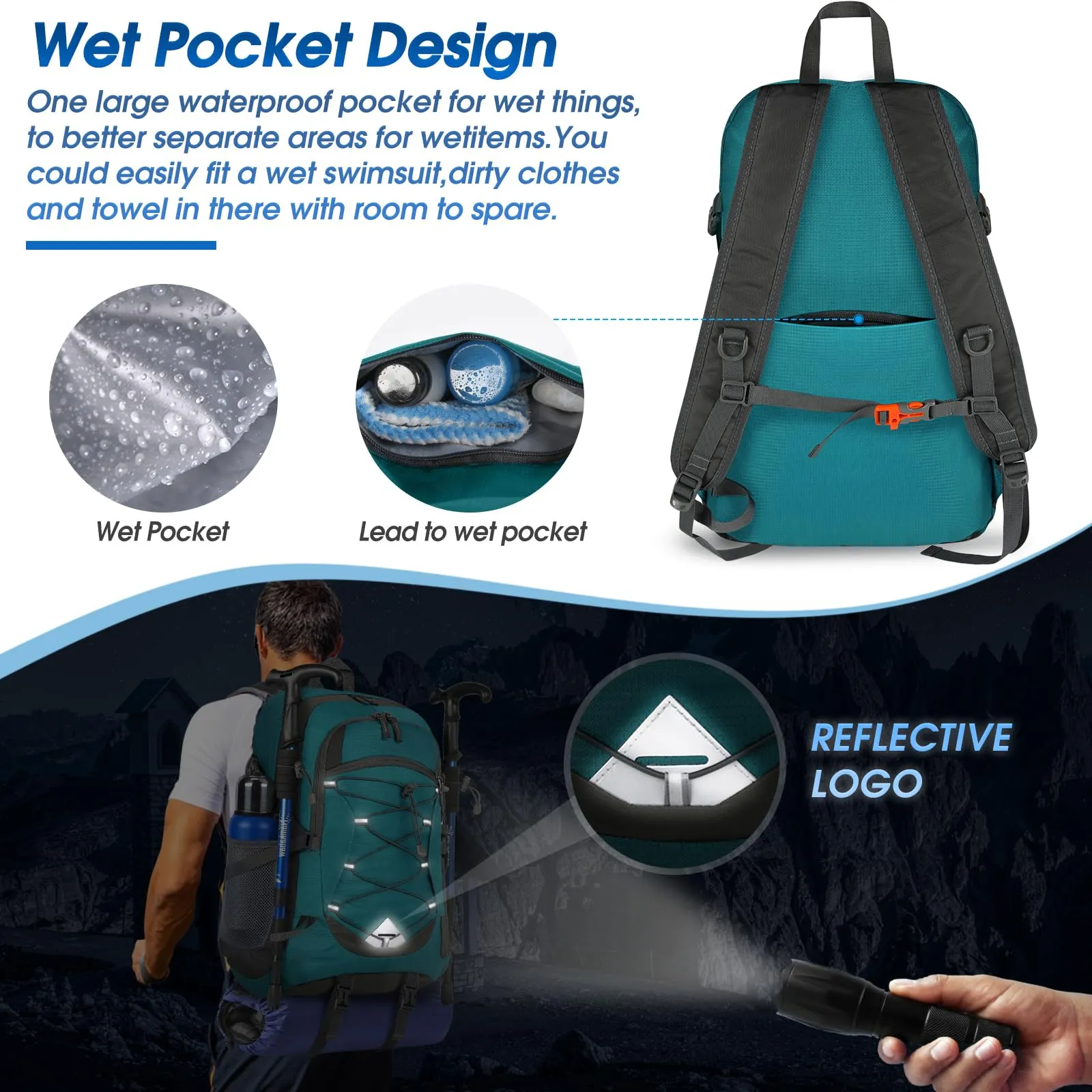 IGOLUMON Zaino Trekking 40L Impermeabile e Pieghevole con Strisce Riflettenti - immagine 3