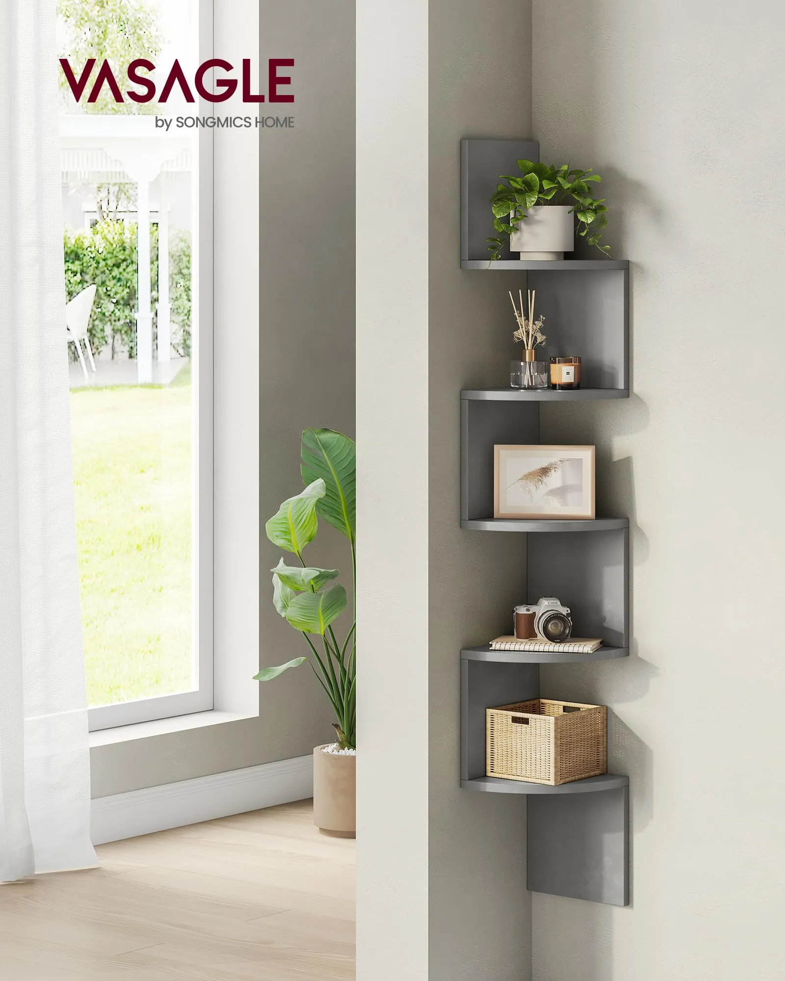 VASAGLE Custos Libreria Angolare a 5 Ripiani, Grigio Tortora LBC072G49 - immagine 2