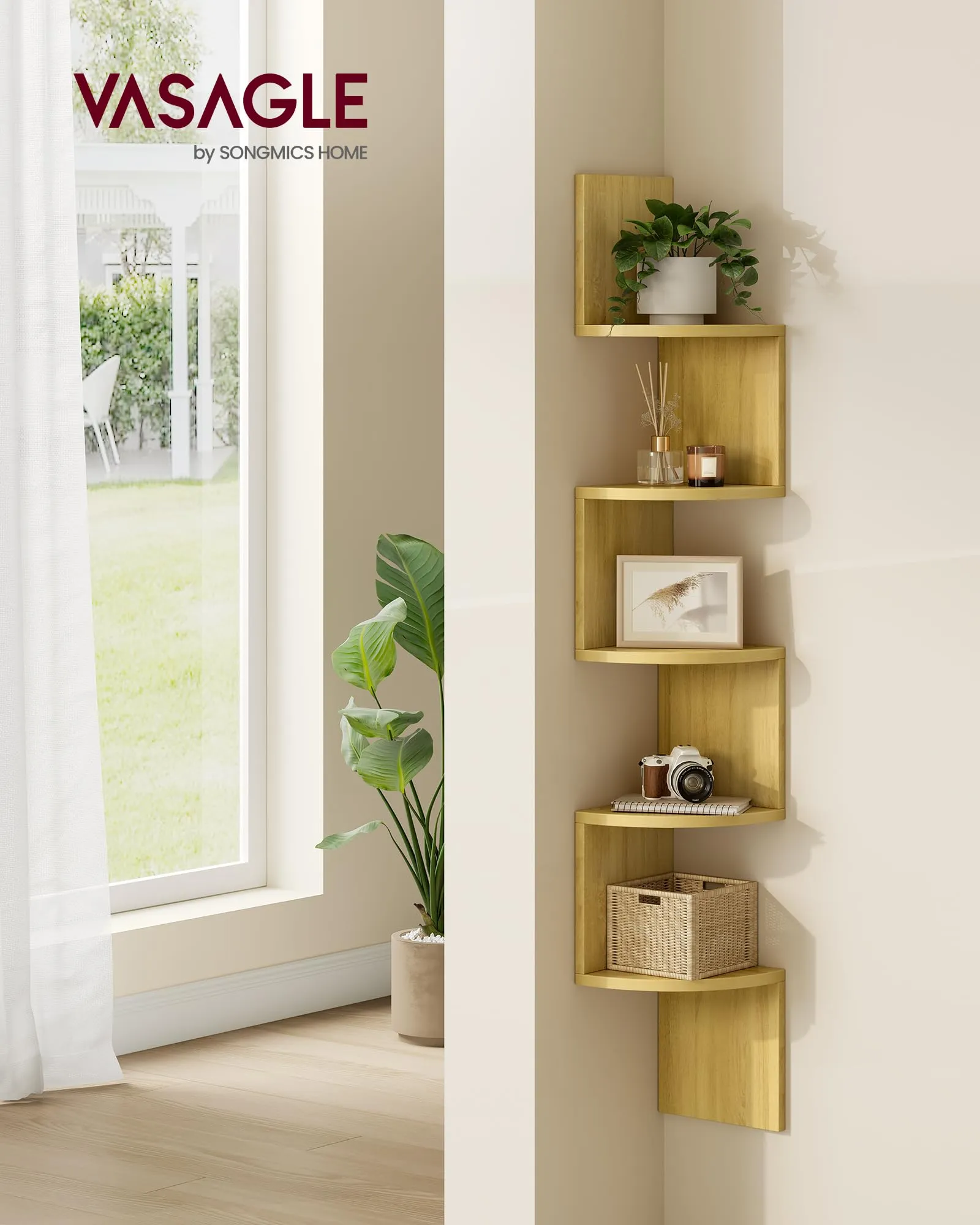 VASAGLE Custos Libreria Angolare a 5 Ripiani, Rovere Naturale LBC072Y70 - immagine 2