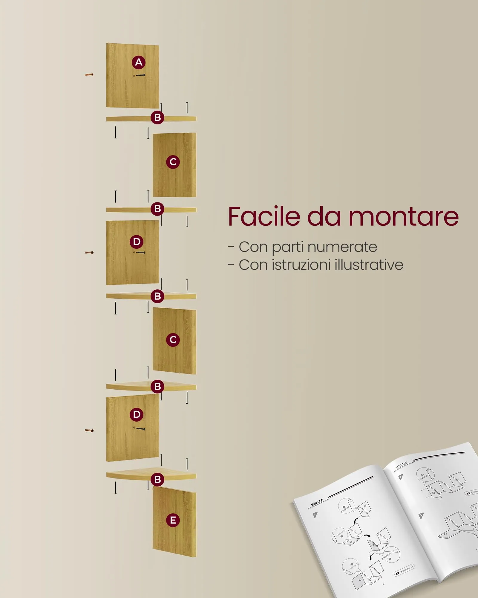 VASAGLE Custos Libreria Angolare a 5 Ripiani, Rovere Naturale LBC072Y70 - immagine 5