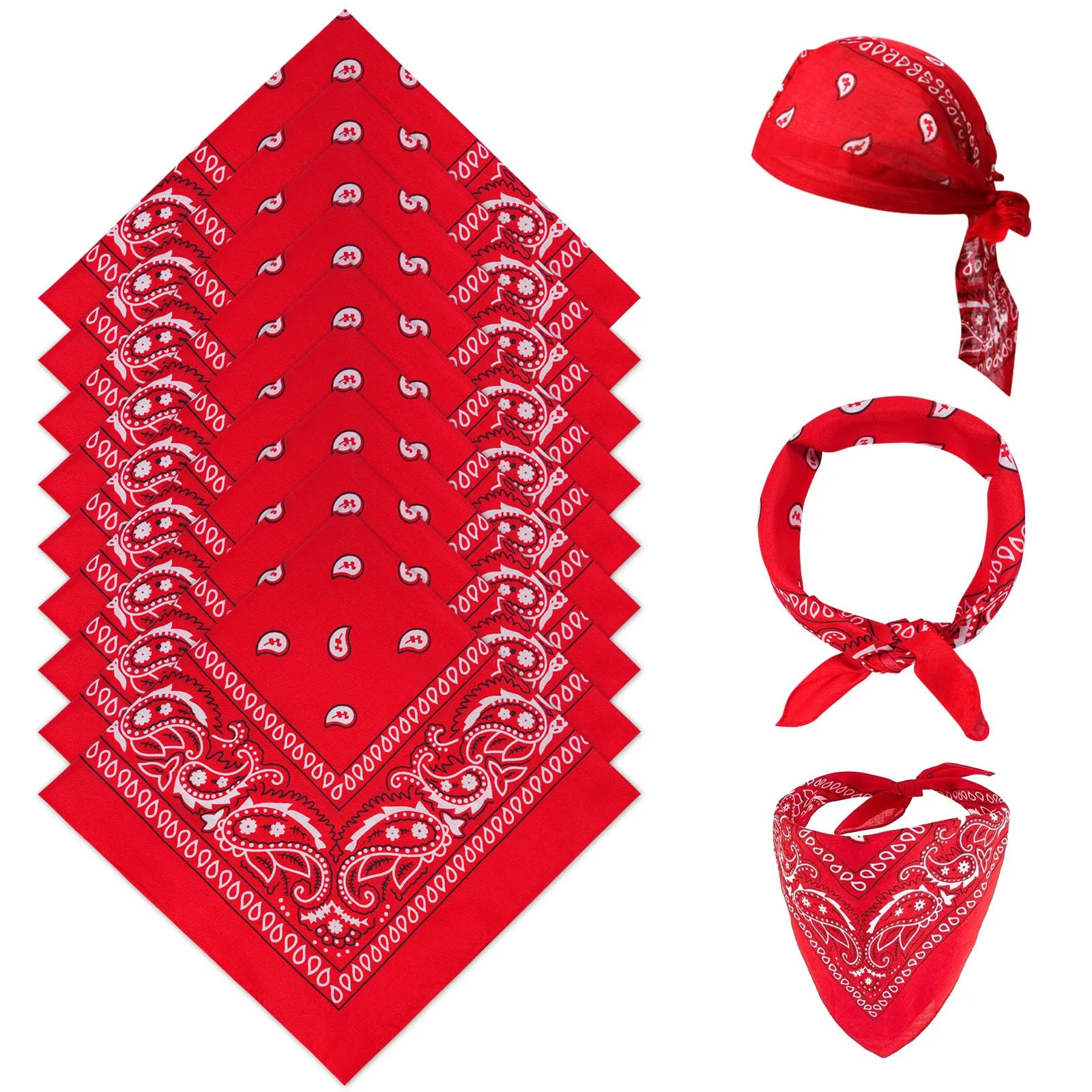 Aomig Set 12 Pezzi Bandana in Poliestere Paisley, 55 x 55 cm, Rosso - immagine 8