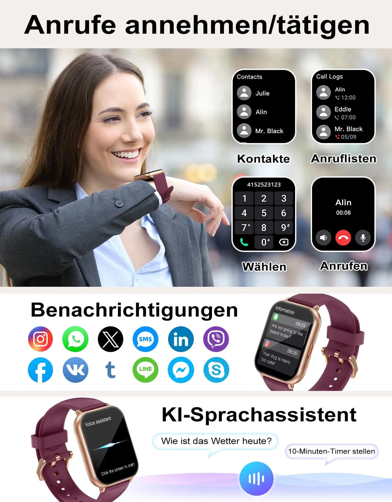 RUIMEN Smartwatch Donna Chiamate Bluetooth, AMOLED 1.83", Cardiofrequenzimetro, Saturimetro, Monitoraggio Sonno e Ciclo Mestruale, 110+ Modalità Sportive, Viola - immagine 2