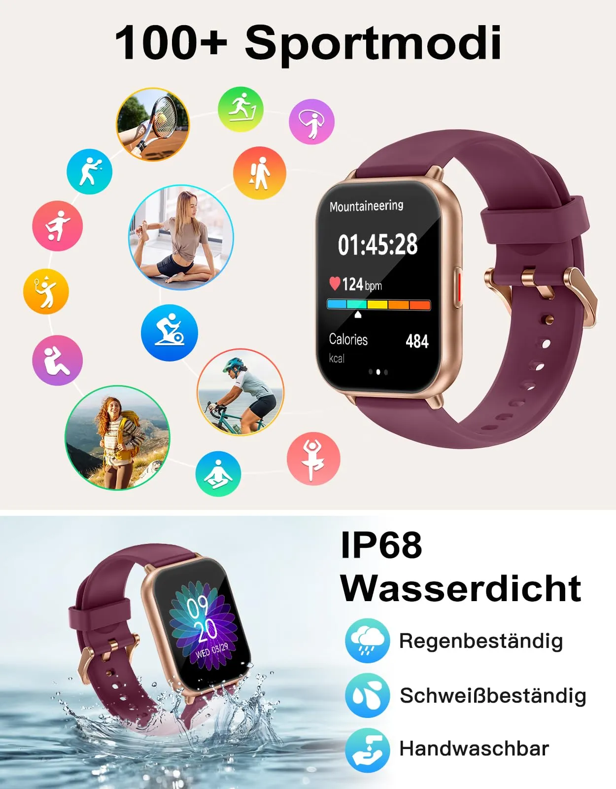 RUIMEN Smartwatch Donna Chiamate Bluetooth, AMOLED 1.83", Cardiofrequenzimetro, Saturimetro, Monitoraggio Sonno e Ciclo Mestruale, 110+ Modalità Sportive, Viola - immagine 3
