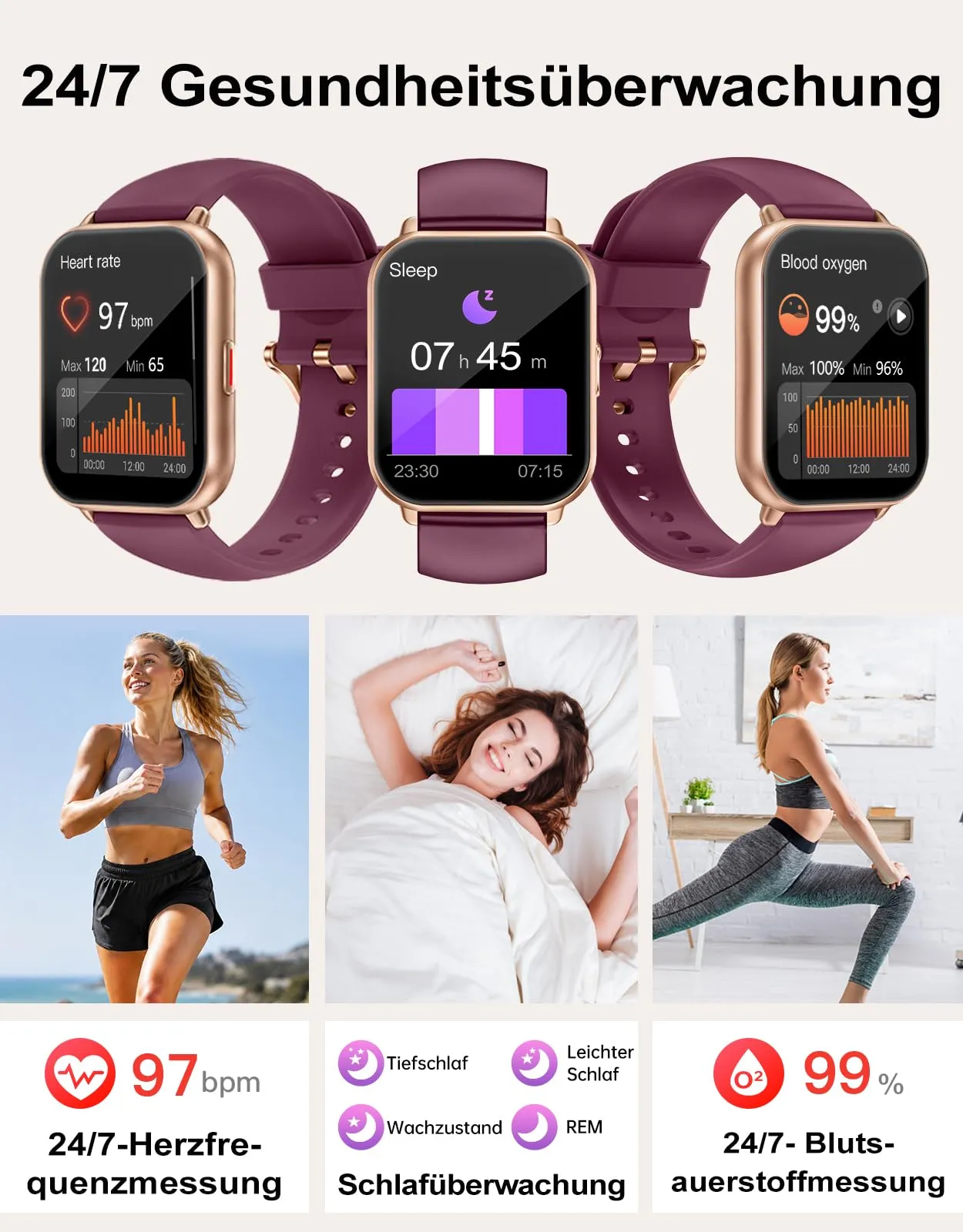 RUIMEN Smartwatch Donna Chiamate Bluetooth, AMOLED 1.83", Cardiofrequenzimetro, Saturimetro, Monitoraggio Sonno e Ciclo Mestruale, 110+ Modalità Sportive, Viola - immagine 4
