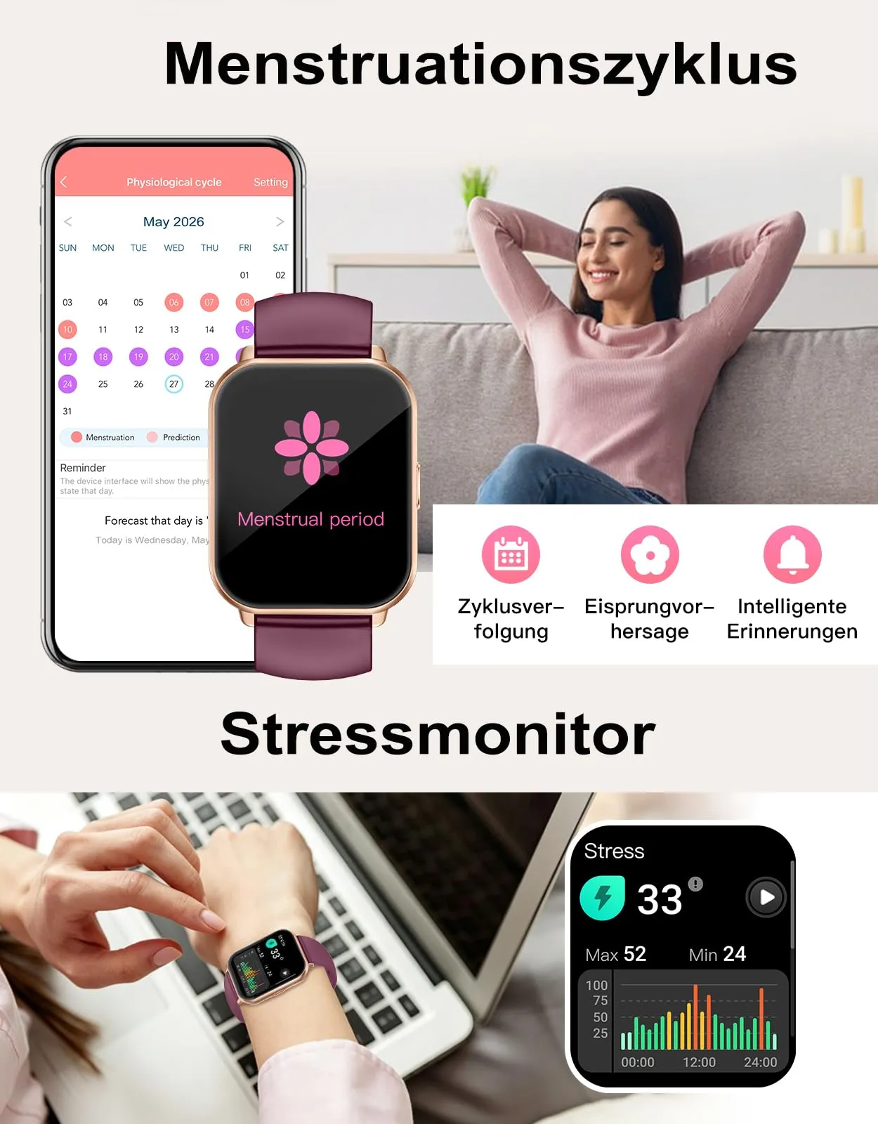 RUIMEN Smartwatch Donna Chiamate Bluetooth, AMOLED 1.83", Cardiofrequenzimetro, Saturimetro, Monitoraggio Sonno e Ciclo Mestruale, 110+ Modalità Sportive, Viola - immagine 5
