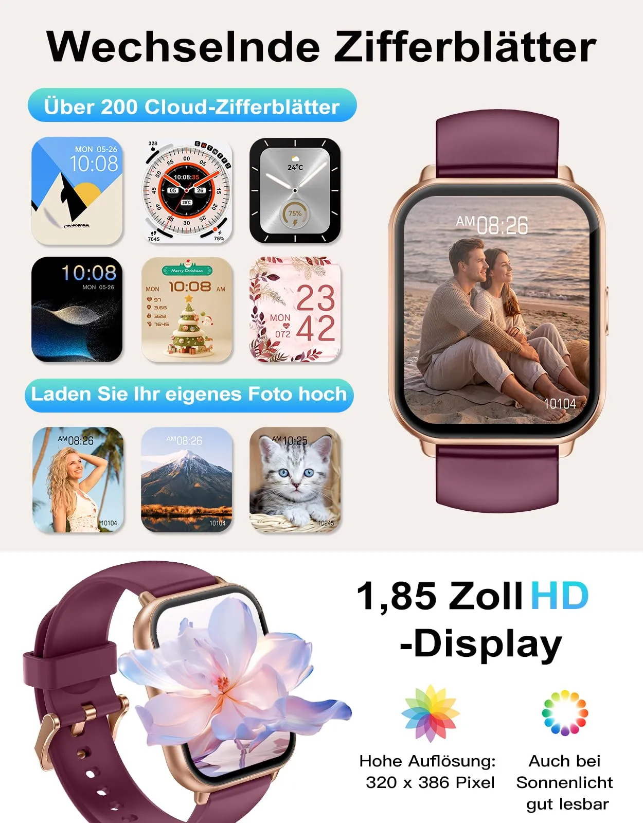 RUIMEN Smartwatch Donna Chiamate Bluetooth, AMOLED 1.83", Cardiofrequenzimetro, Saturimetro, Monitoraggio Sonno e Ciclo Mestruale, 110+ Modalità Sportive, Viola - immagine 7