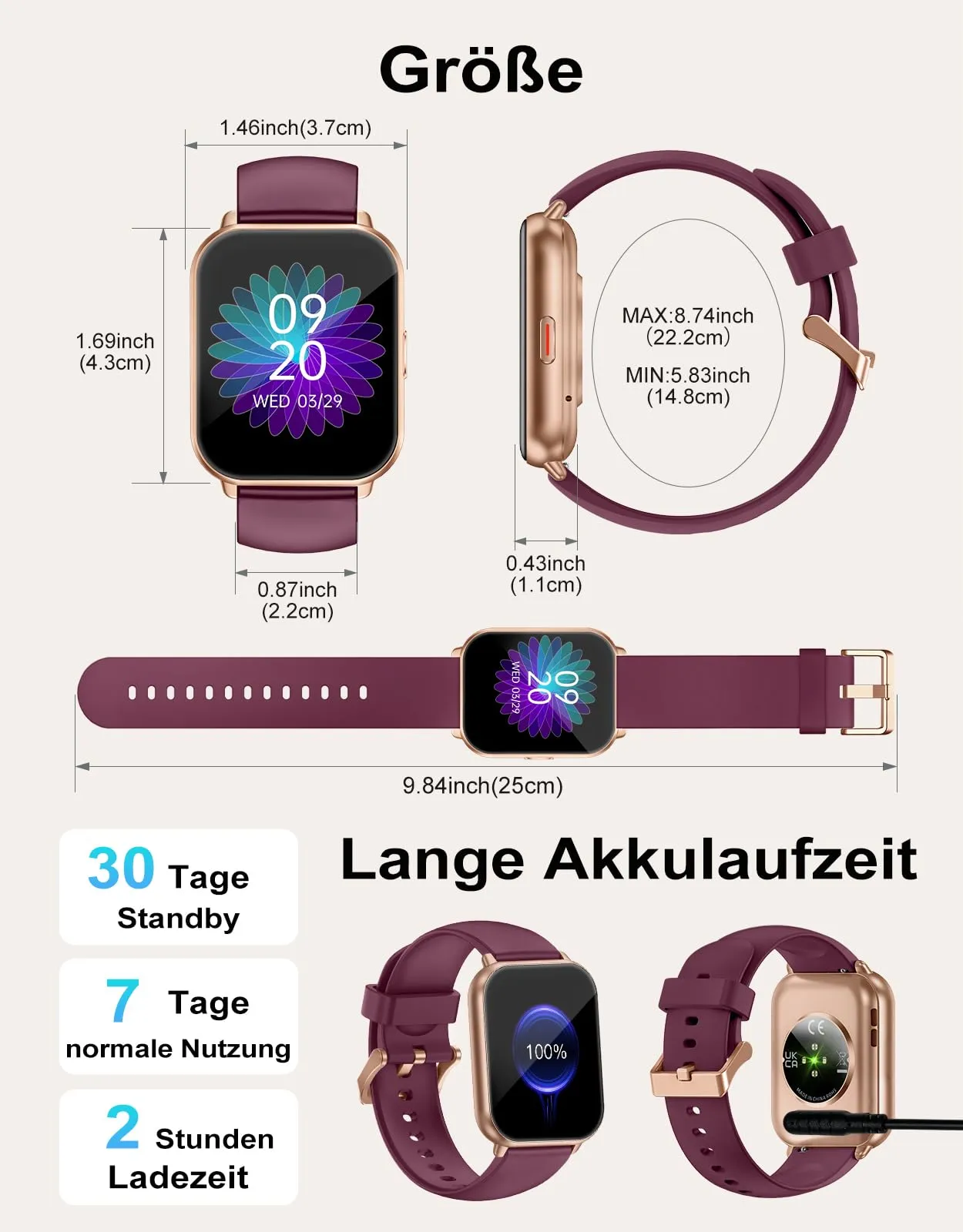RUIMEN Smartwatch Donna Chiamate Bluetooth, AMOLED 1.83", Cardiofrequenzimetro, Saturimetro, Monitoraggio Sonno e Ciclo Mestruale, 110+ Modalità Sportive, Viola - immagine 8