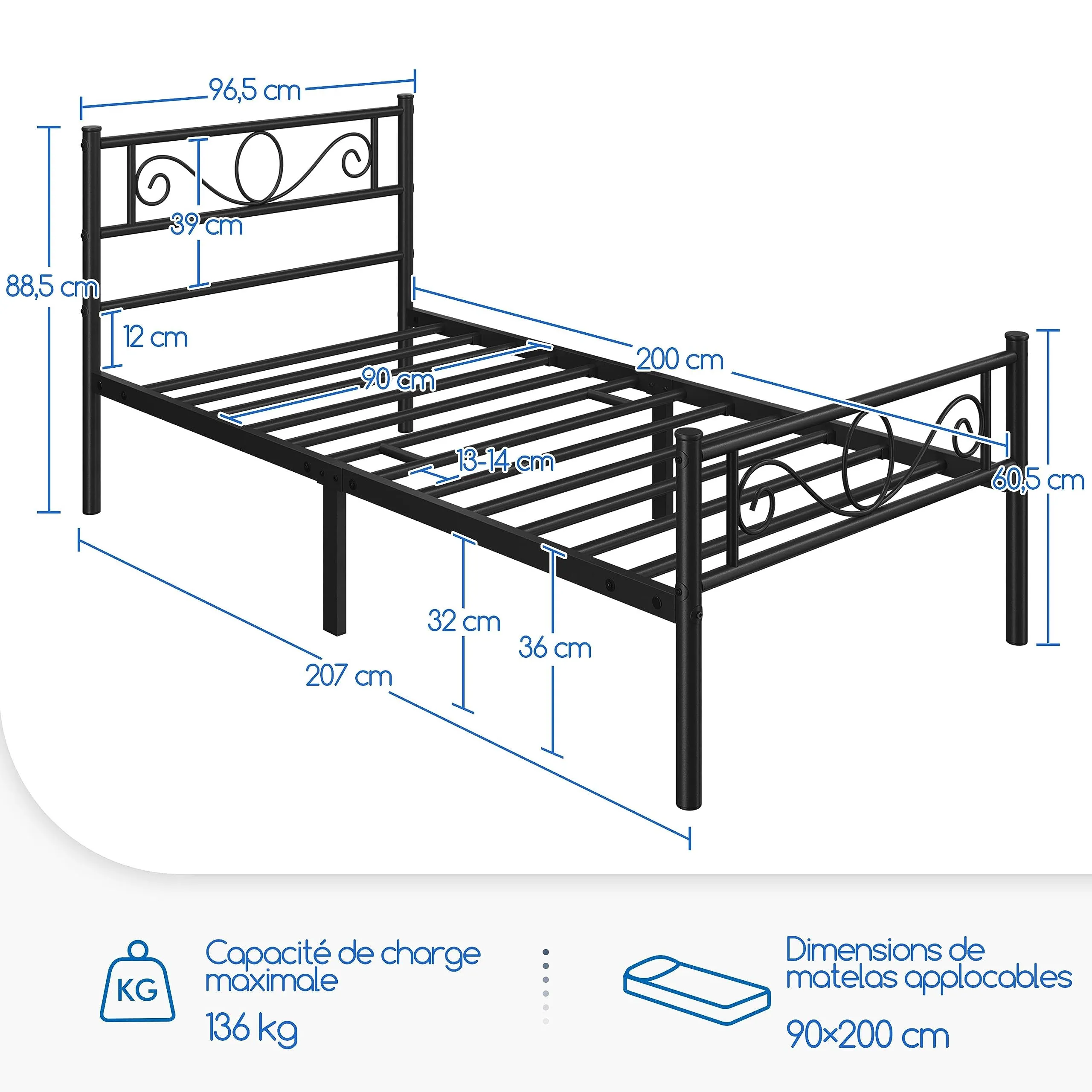 Yaheetech Struttura Letto Singolo in Ferro 90 x 200 cm, Nero - immagine 2