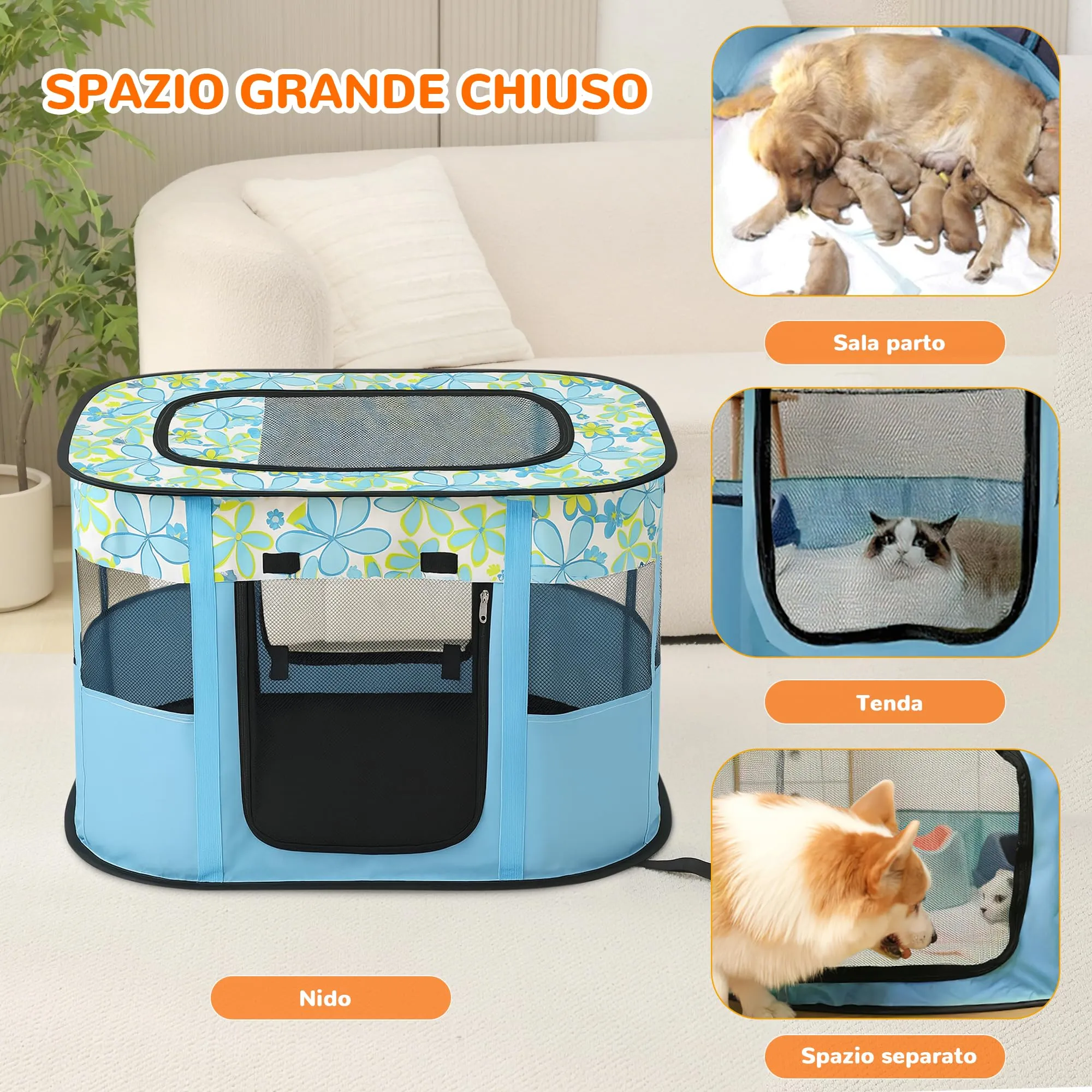 ALLSOPETS Recinto per Cani da Interno Pieghevole, Fiori Blu, L - immagine 3