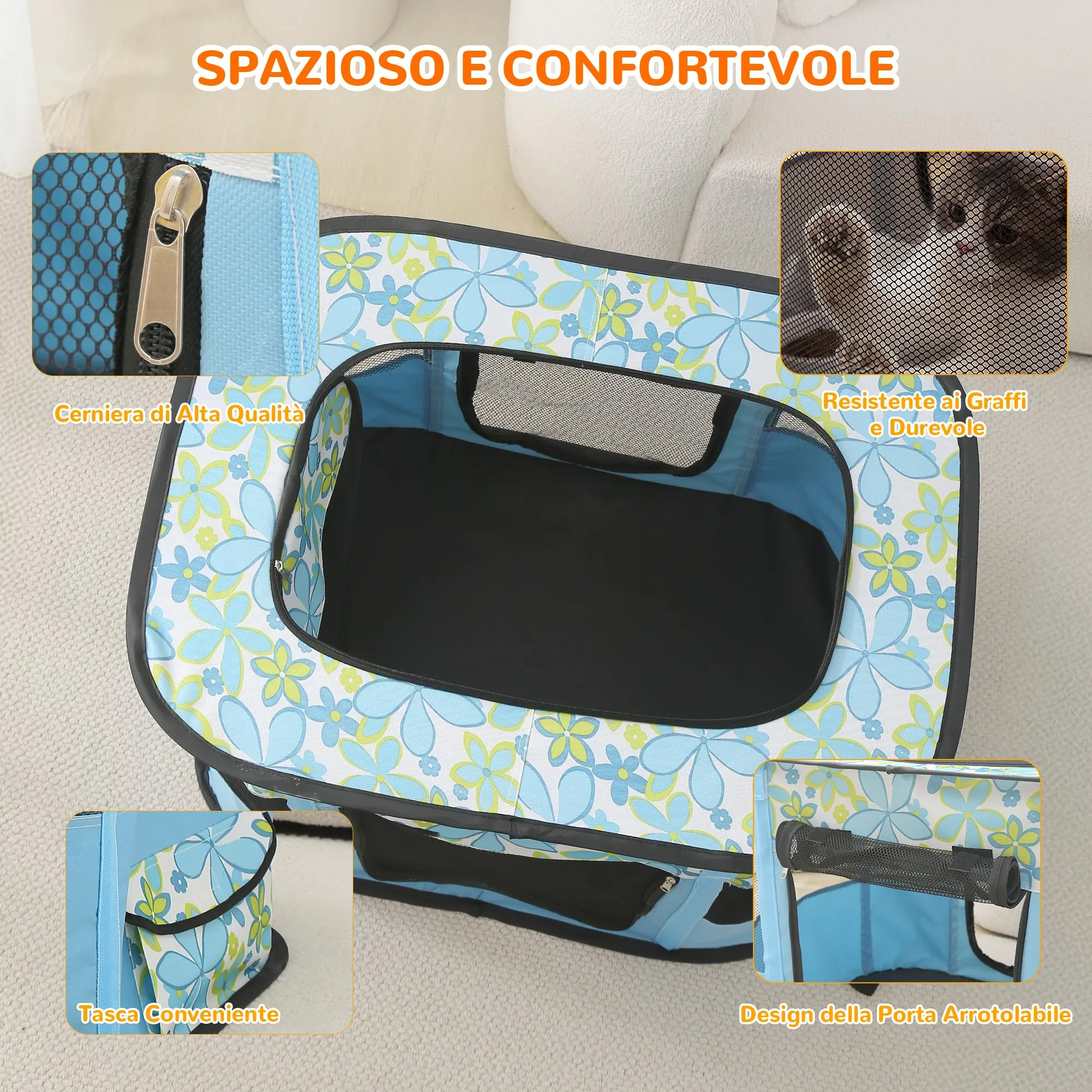 ALLSOPETS Recinto per Cani da Interno Pieghevole, Fiori Blu, L - immagine 4