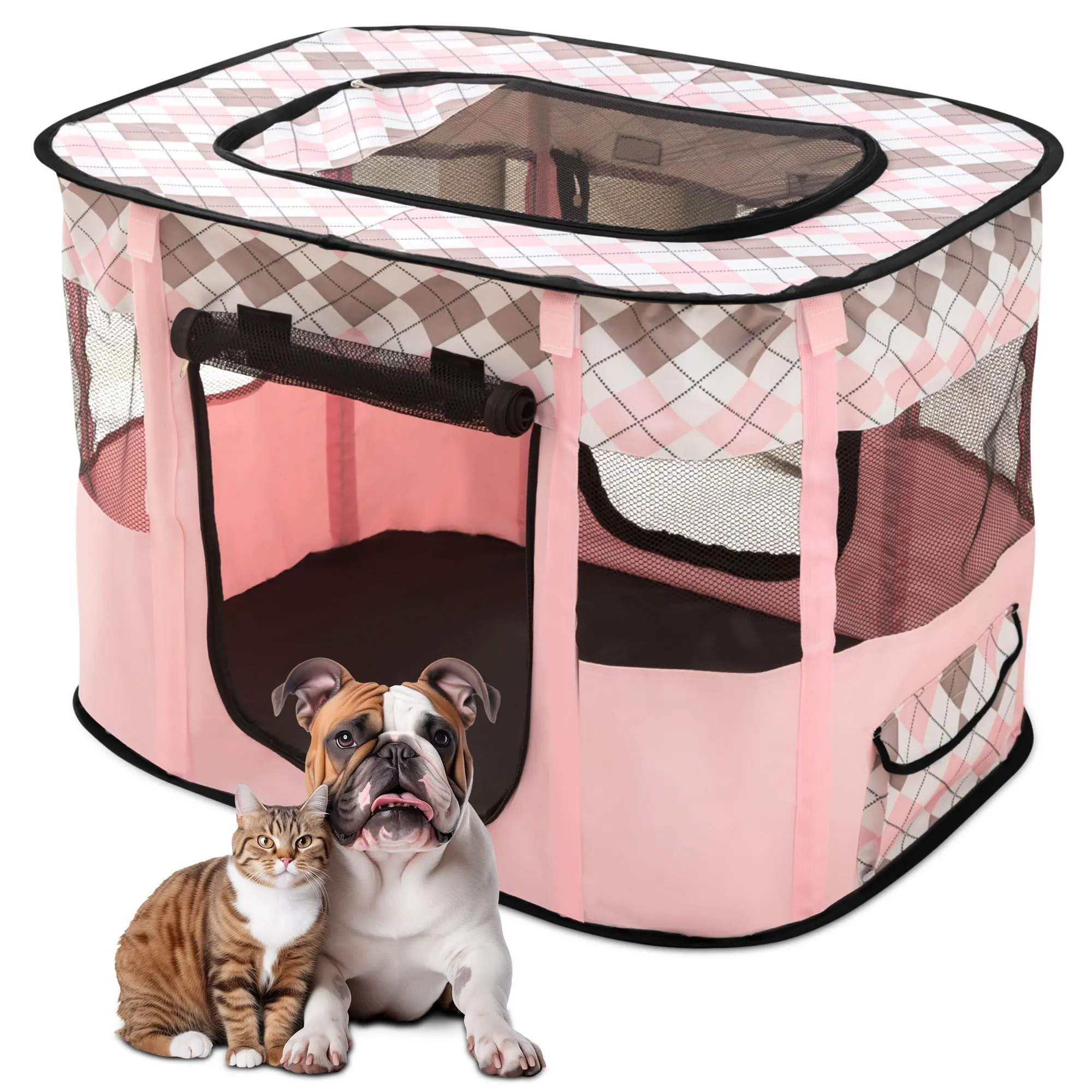 ALLSOPETS Recinto per Cani da Interno Pieghevole, Quadri Rosa, L - immagine 1