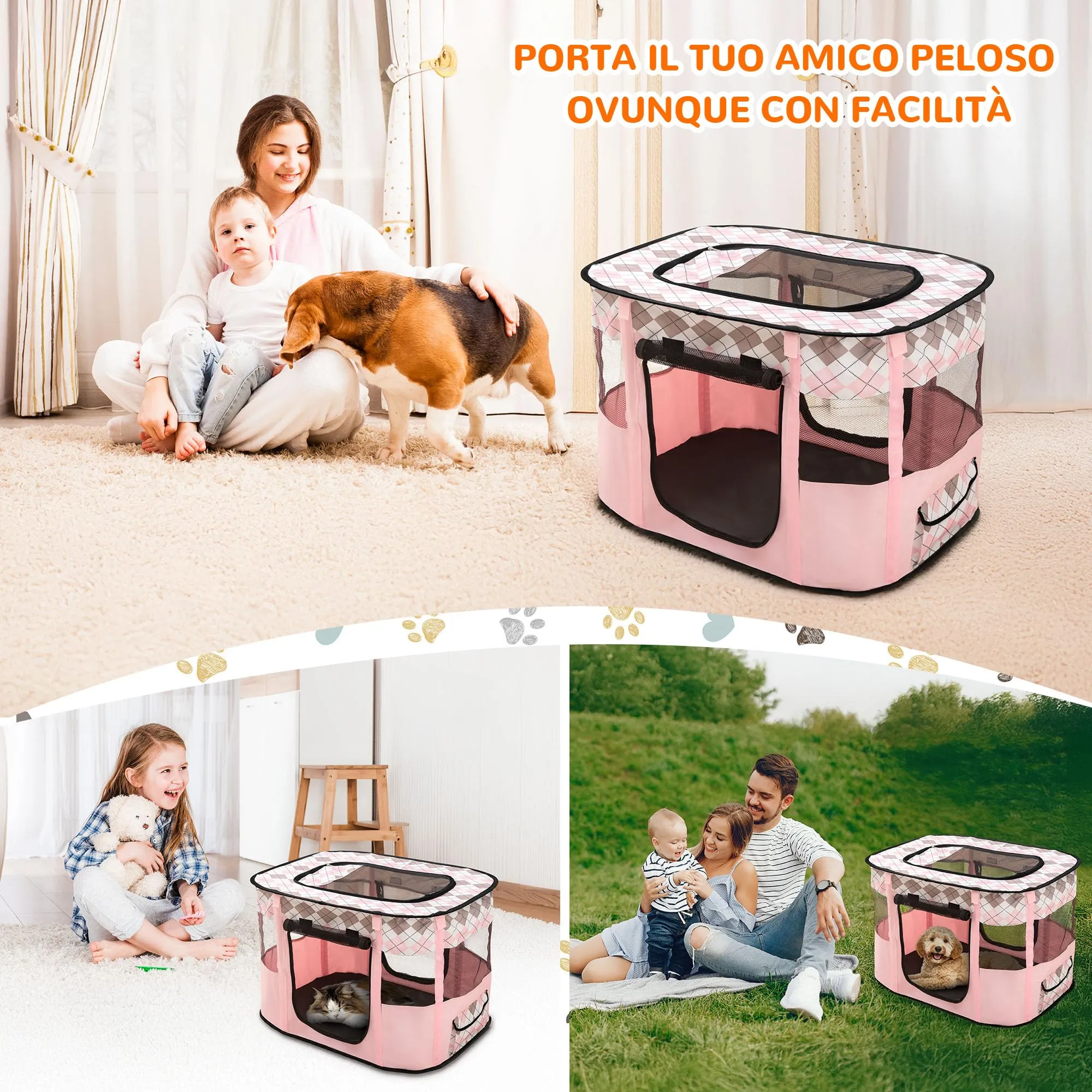 ALLSOPETS Recinto per Cani da Interno Pieghevole, Quadri Rosa, L - immagine 2