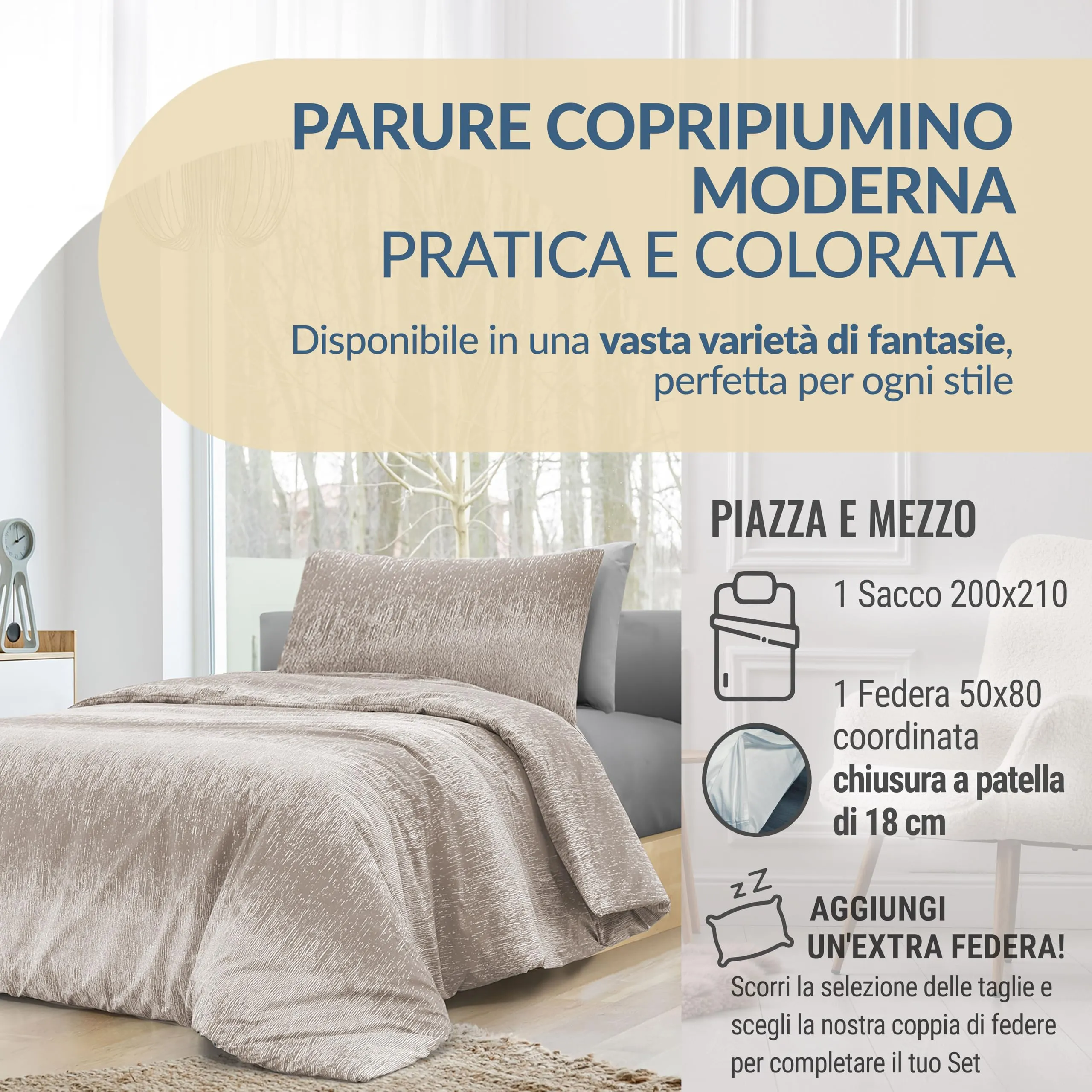 Dorian Home Copripiumino Una Piazza e Mezza in Cotone 200x210 con Federa, Drops Beige - immagine 2