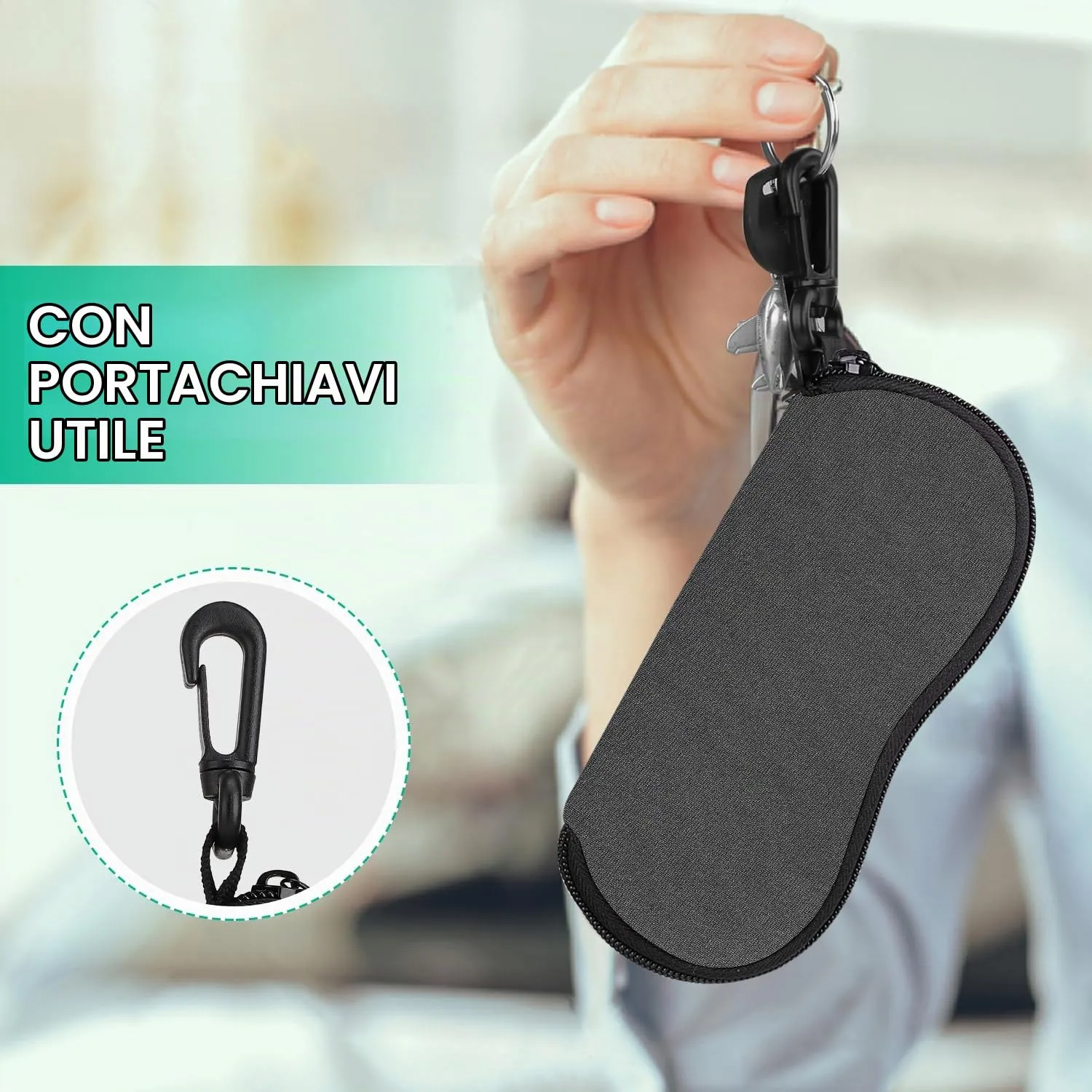 MoKo Astuccio per Occhiali in Neoprene con Clip da Cintura - Grigio - immagine 4