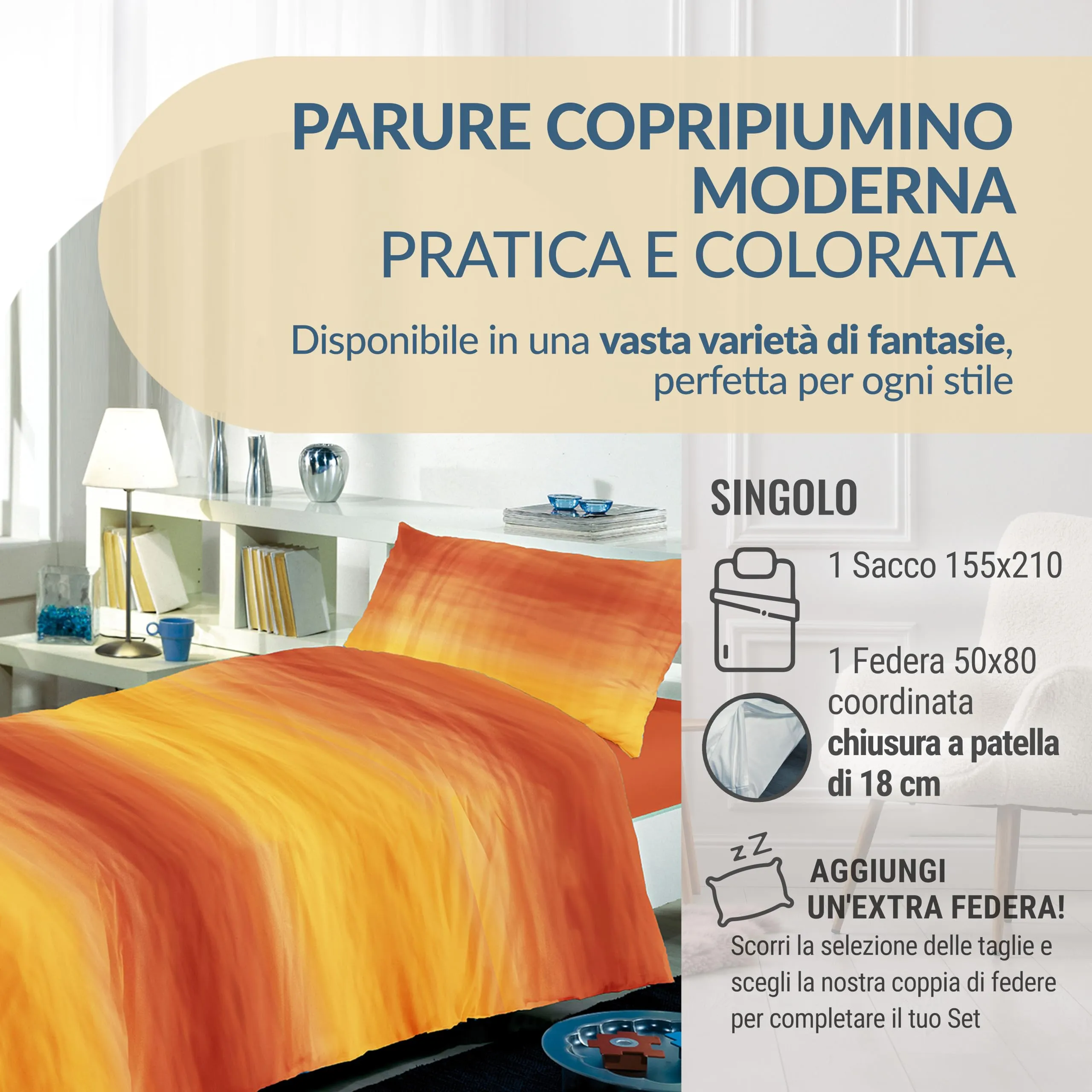 Dorian Home Copripiumino Singolo in Cotone 155x210 cm con Federa, Smeralda Arancio - immagine 2