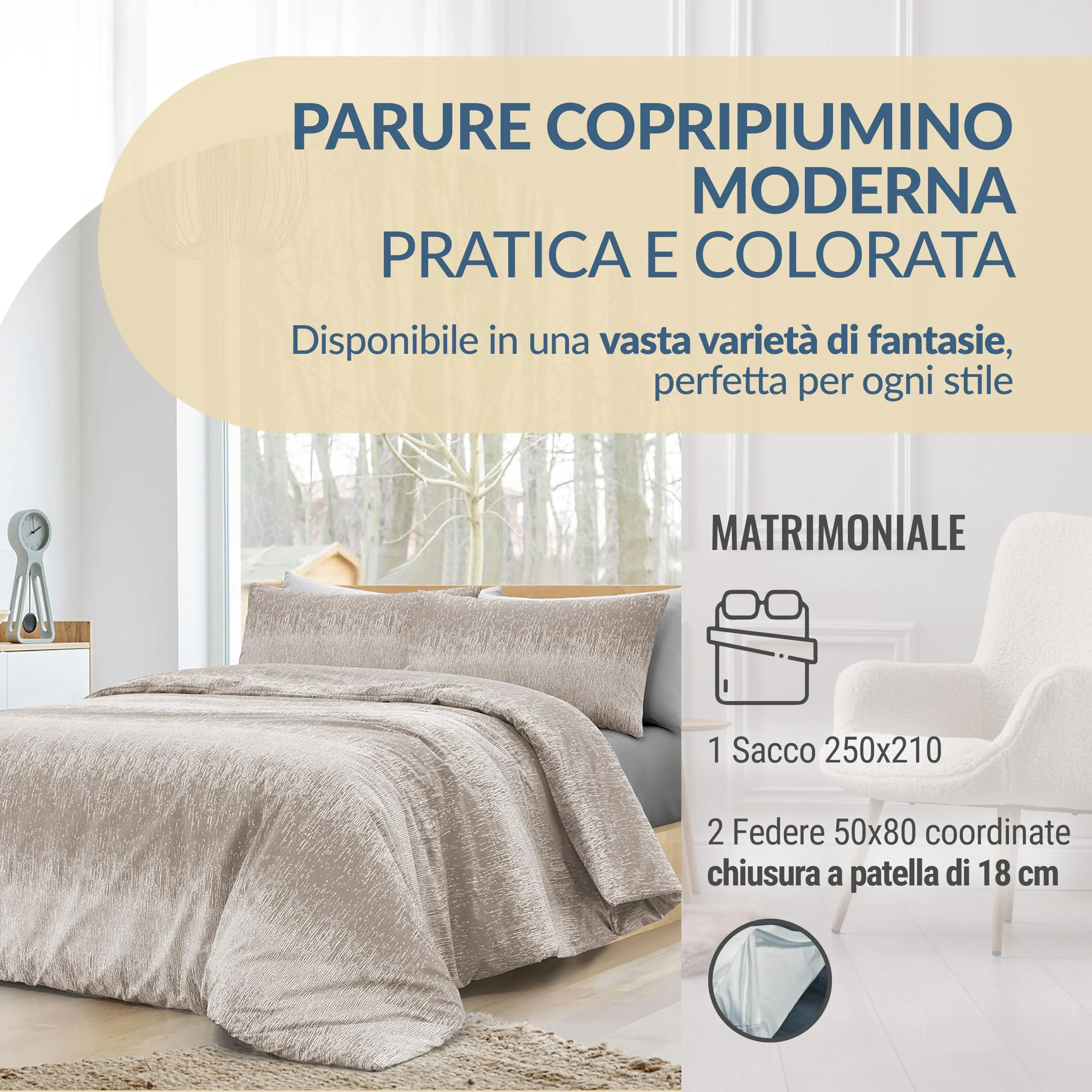 Dorian Home Copripiumino Matrimoniale in Cotone 250x210 cm con 2 Federe, Drops Beige - immagine 2