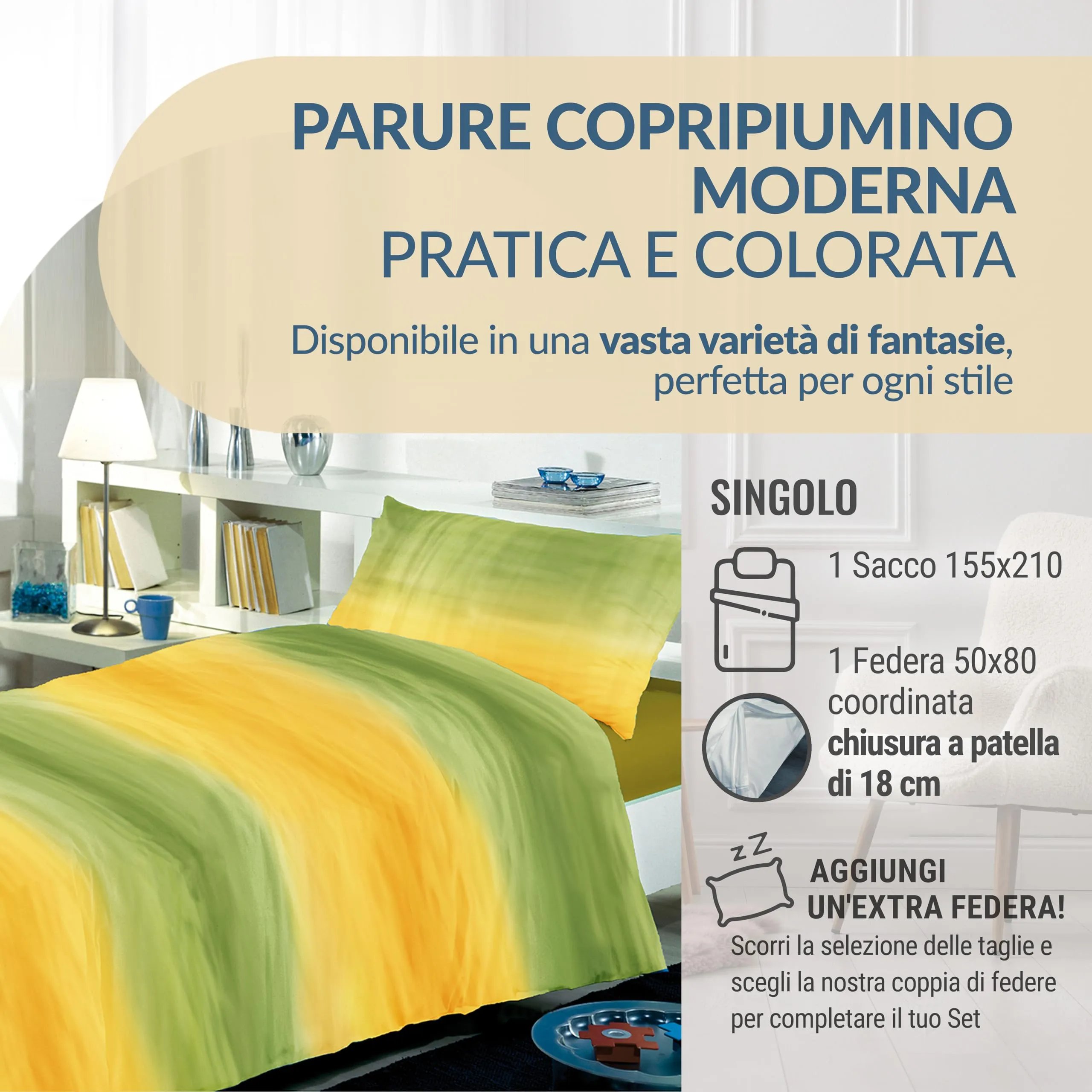 Dorian Home Copripiumino Singolo in Cotone 155x210 cm con Federa, Smeralda Gialloverde - immagine 2