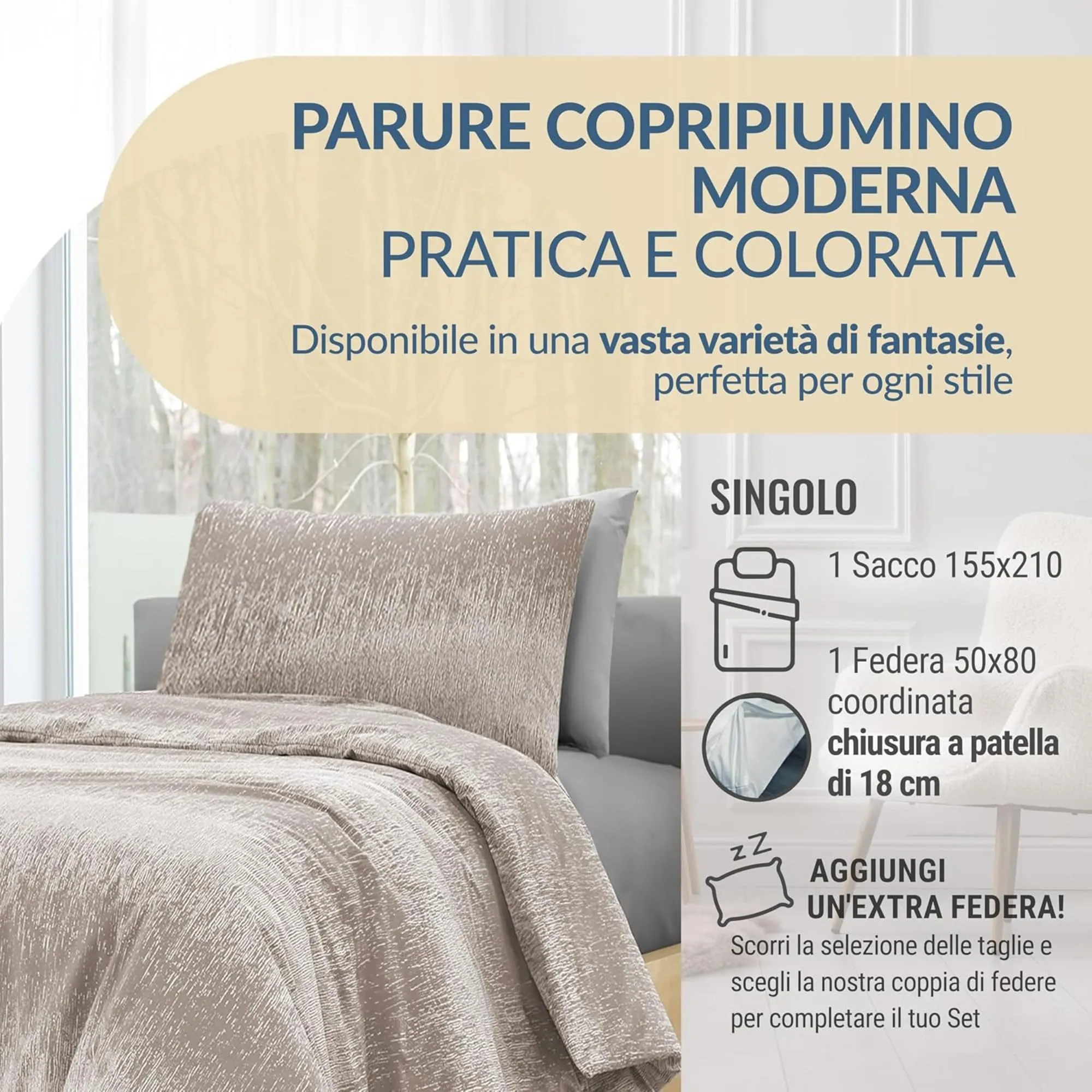 Dorian Home Copripiumino Singolo in Cotone 155x210 cm con Federa, Colore Drops Beige - immagine 2
