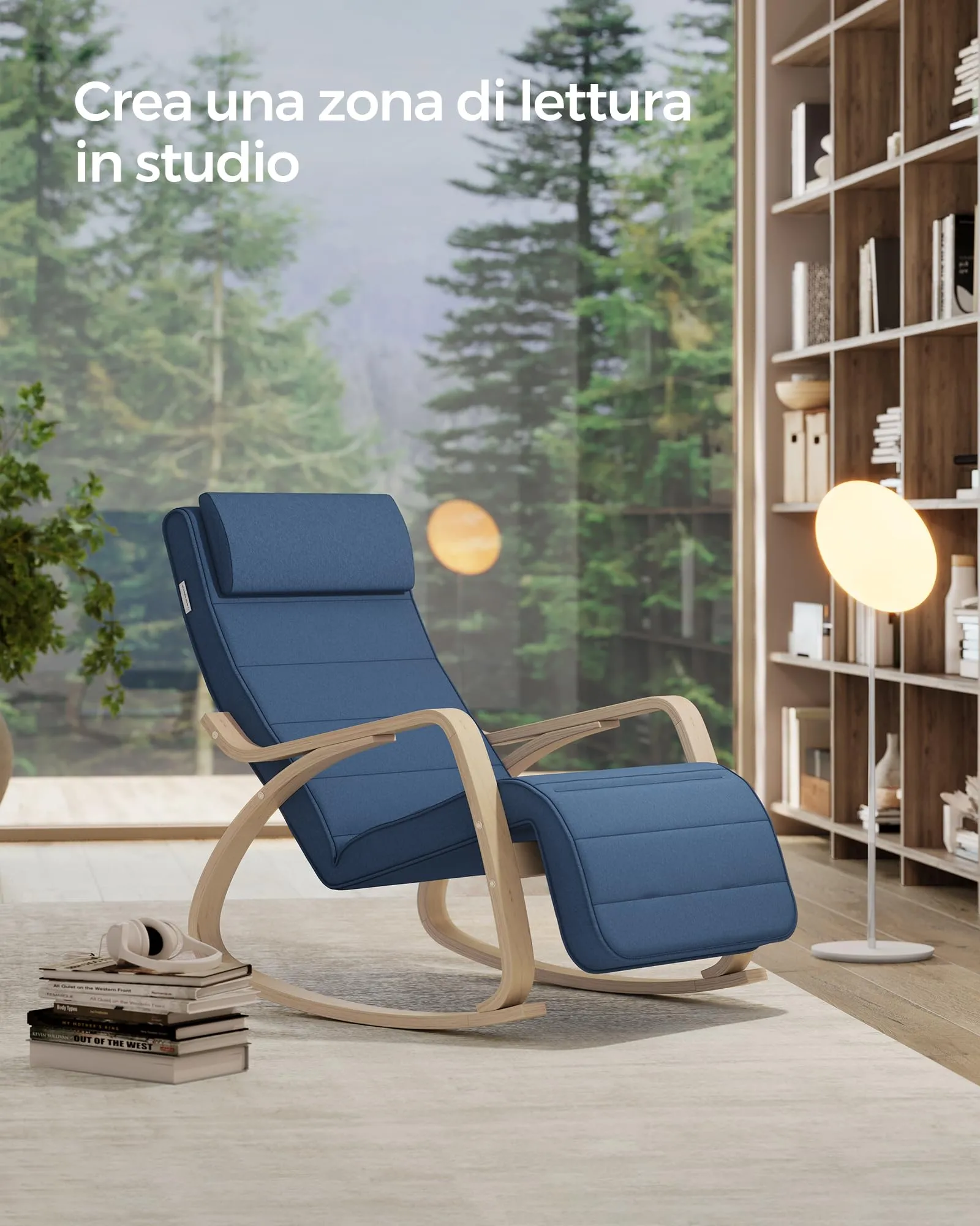 SONGMICS Sedia a Dondolo in Betulla con Braccioli e Poggiapiedi Regolabile, Blu Notte e Naturale LYY010Q01 - immagine 4