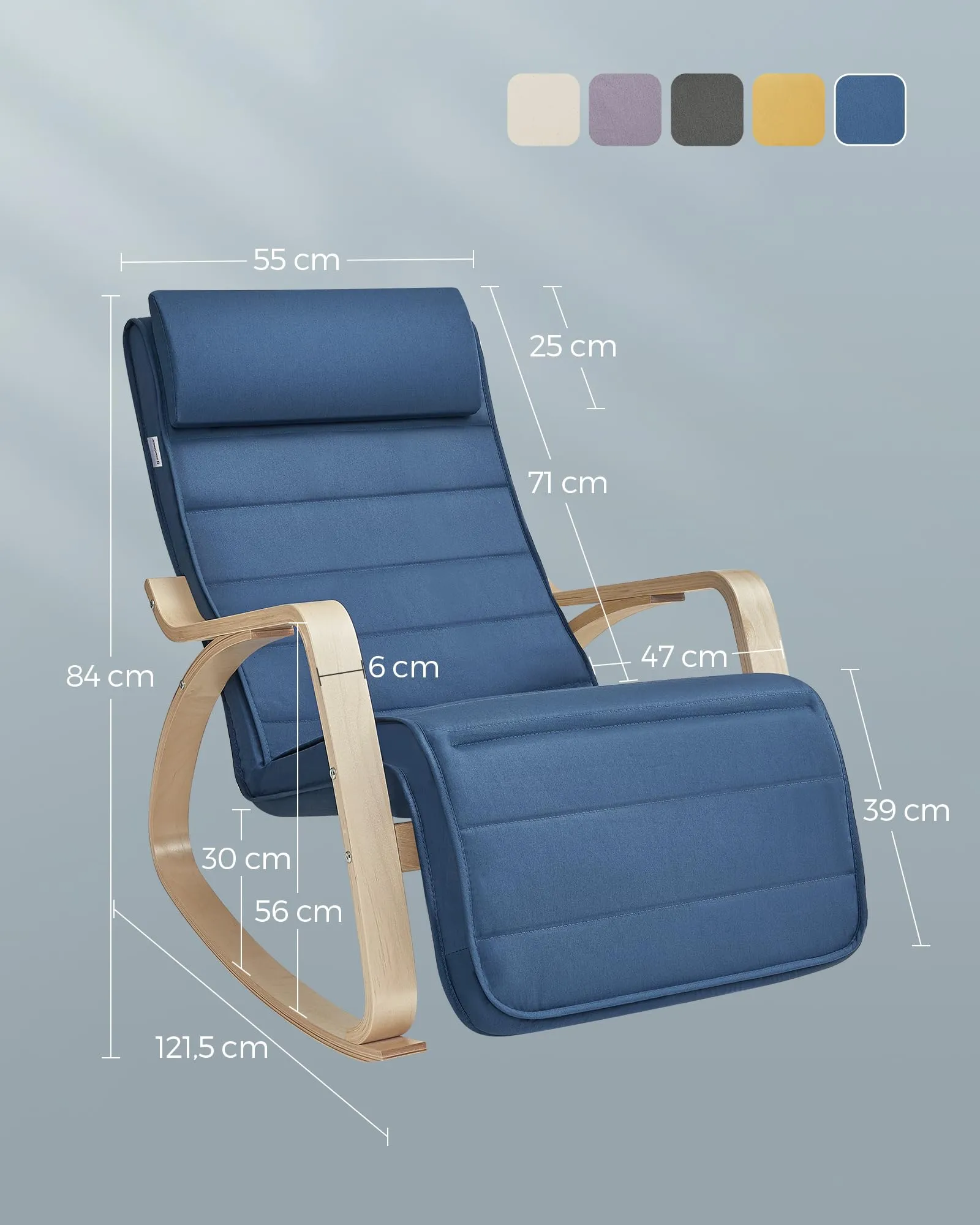 SONGMICS Sedia a Dondolo in Betulla con Braccioli e Poggiapiedi Regolabile, Blu Notte e Naturale LYY010Q01 - immagine 5