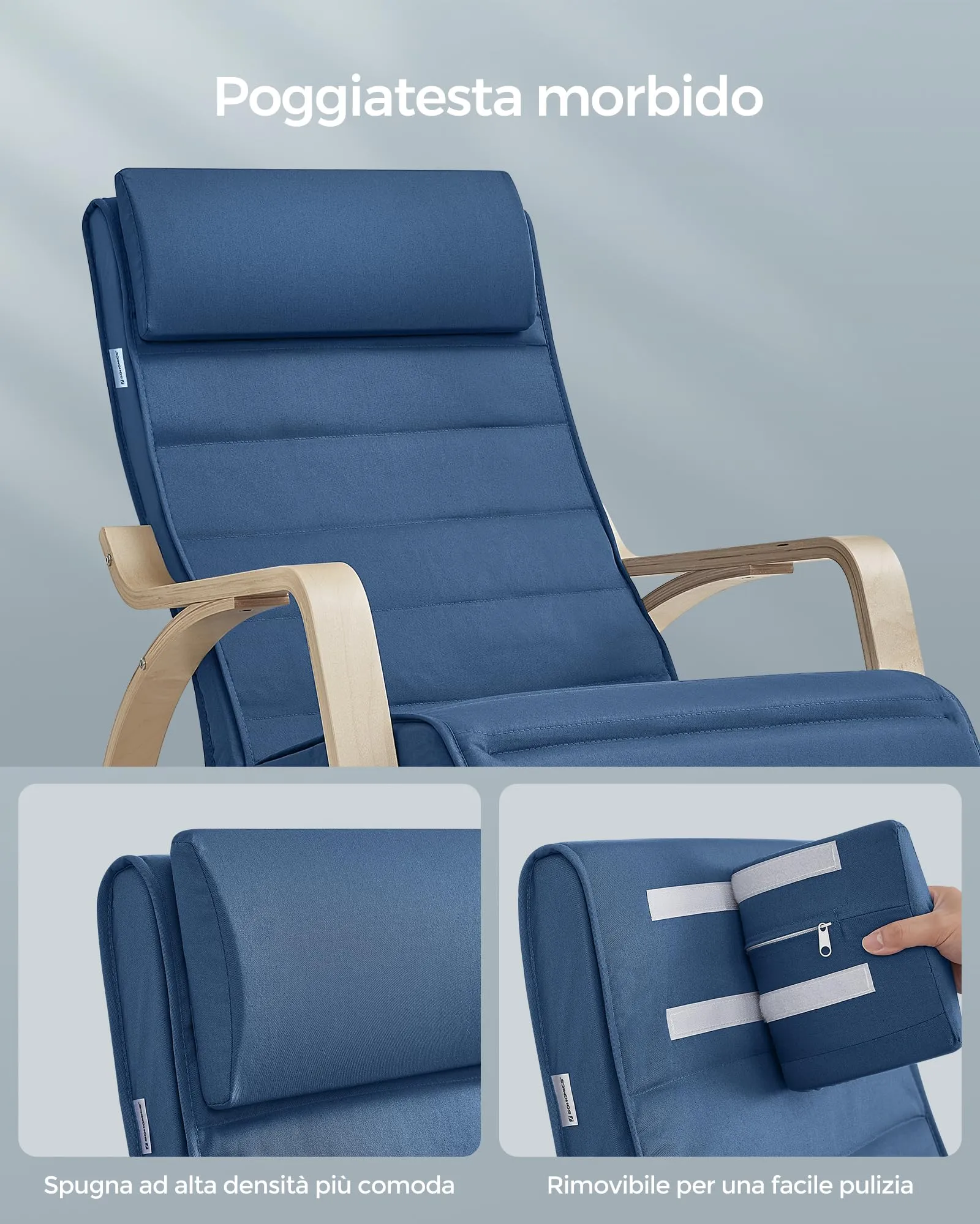 SONGMICS Sedia a Dondolo in Betulla con Braccioli e Poggiapiedi Regolabile, Blu Notte e Naturale LYY010Q01 - immagine 7