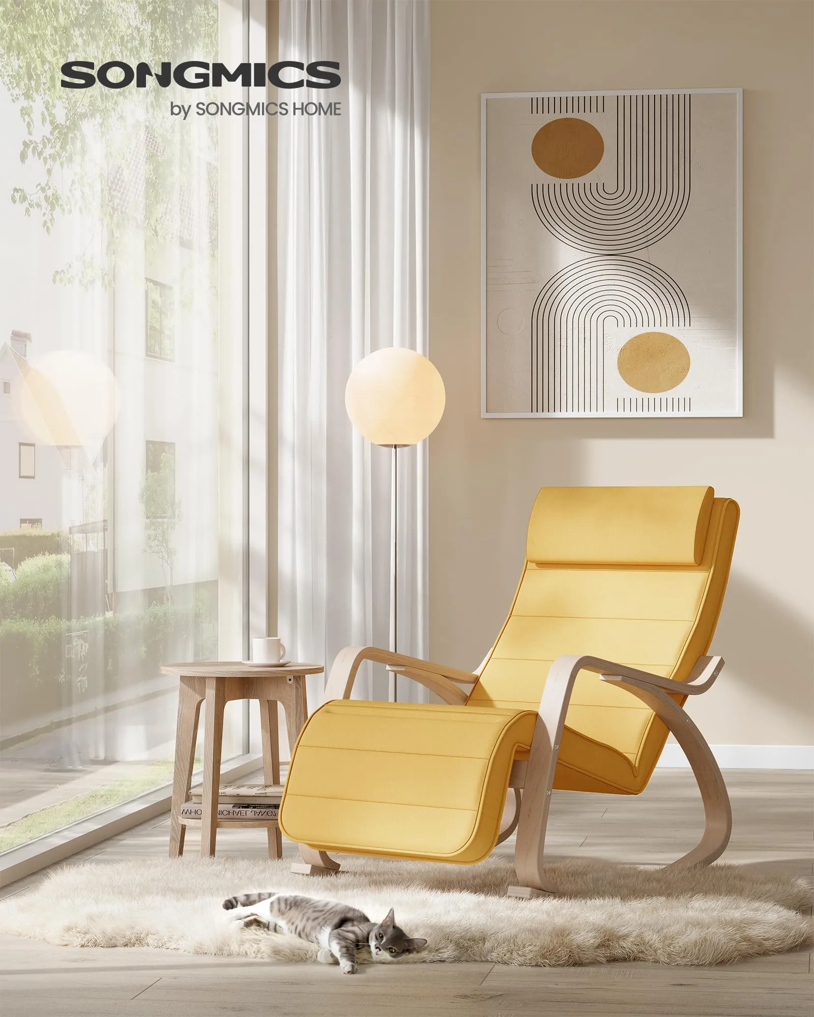 SONGMICS Sedia a Dondolo in Betulla con Poggiapiedi Regolabile, Giallo Ocra e Naturale LYY010Y01 - immagine 2