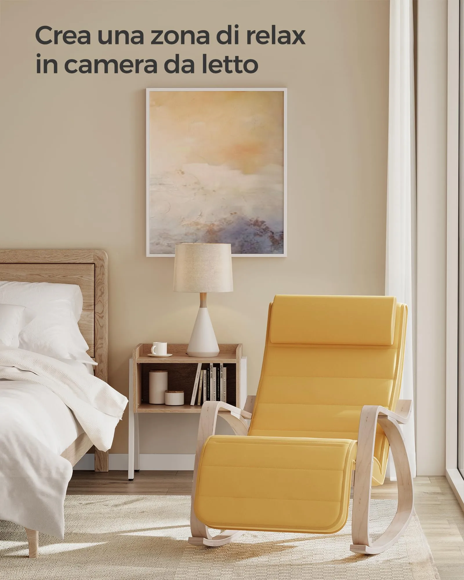 SONGMICS Sedia a Dondolo in Betulla con Poggiapiedi Regolabile, Giallo Ocra e Naturale LYY010Y01 - immagine 3