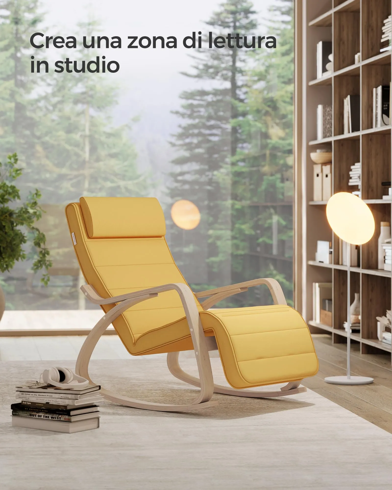 SONGMICS Sedia a Dondolo in Betulla con Poggiapiedi Regolabile, Giallo Ocra e Naturale LYY010Y01 - immagine 4