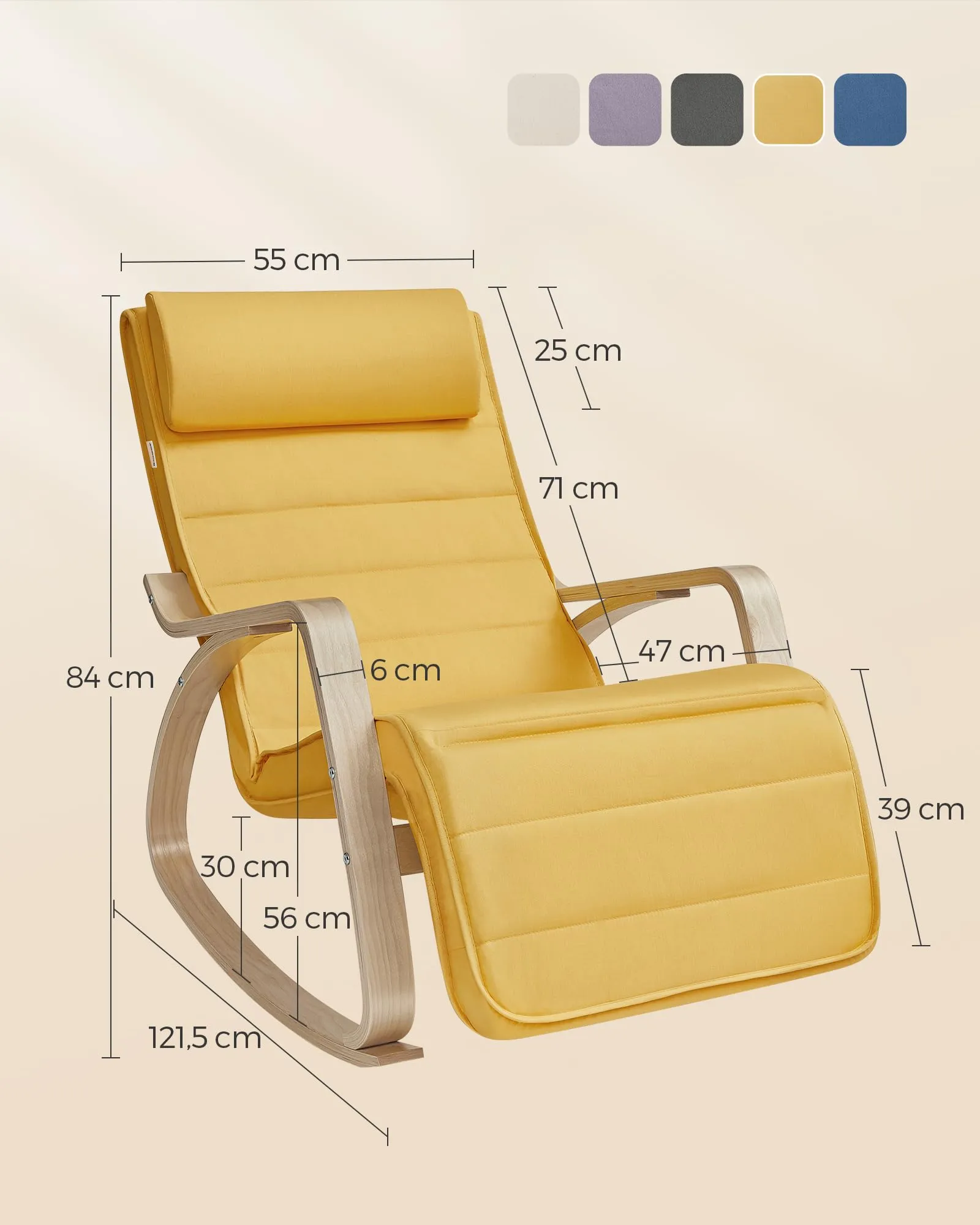 SONGMICS Sedia a Dondolo in Betulla con Poggiapiedi Regolabile, Giallo Ocra e Naturale LYY010Y01 - immagine 5