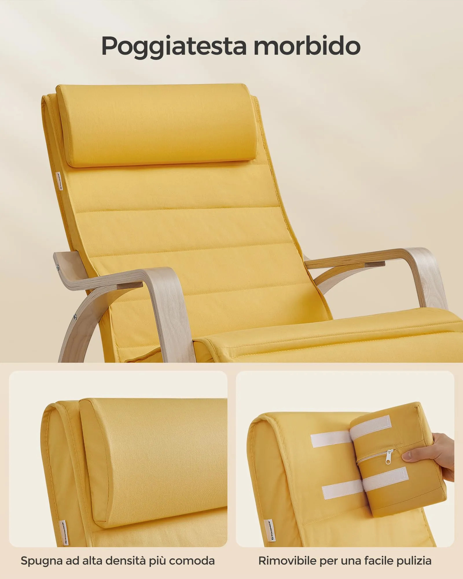 SONGMICS Sedia a Dondolo in Betulla con Poggiapiedi Regolabile, Giallo Ocra e Naturale LYY010Y01 - immagine 7