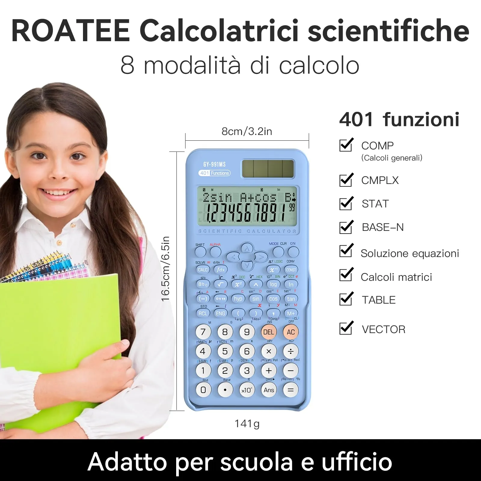 ROATEE 991MS Calcolatrice Scientifica, 401 Funzioni, Display a 2 Righe, Doppia Alimentazione - immagine 2