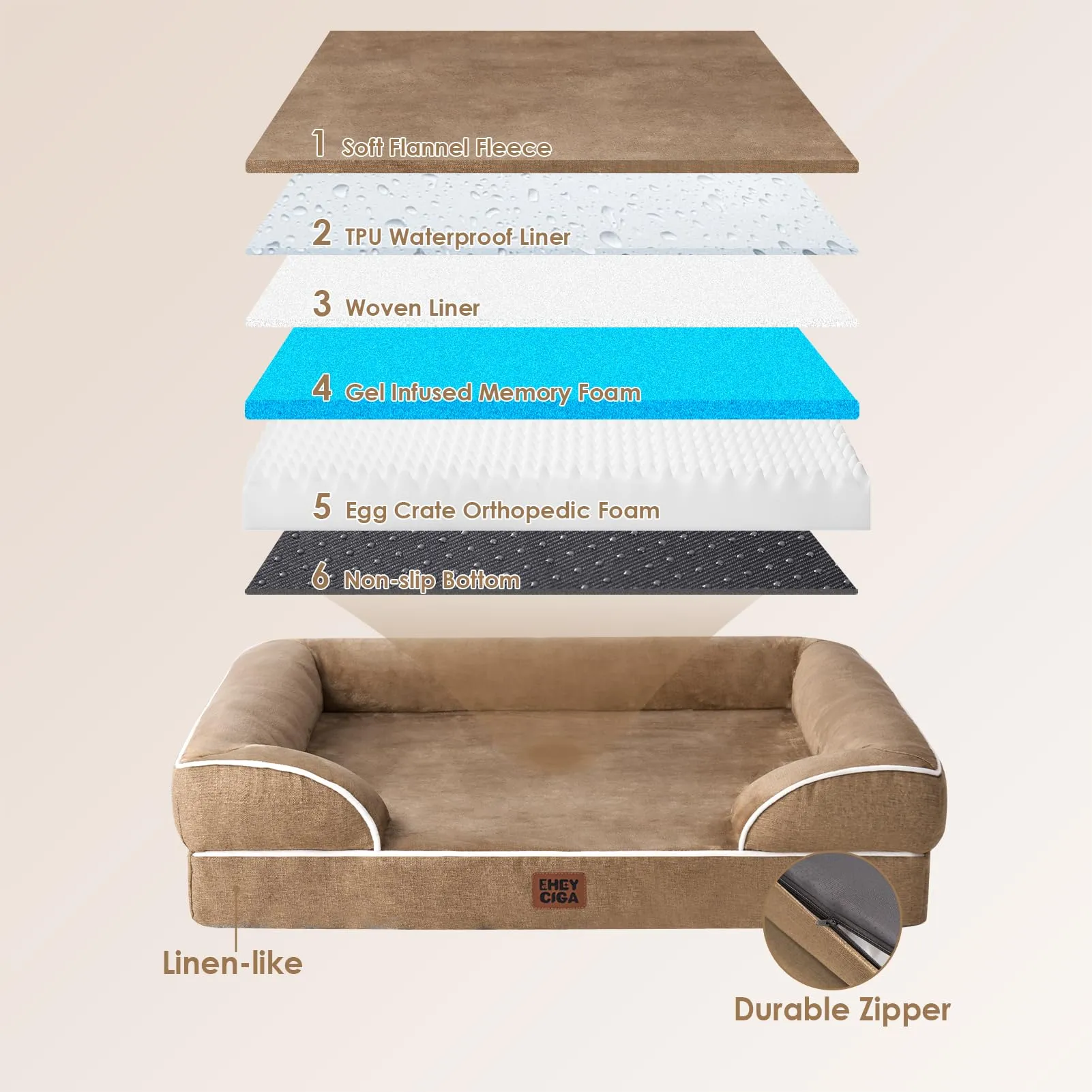 EHEYCIGA Cuccia Cane Interno, 132x104x20cm, Cammello - immagine 3