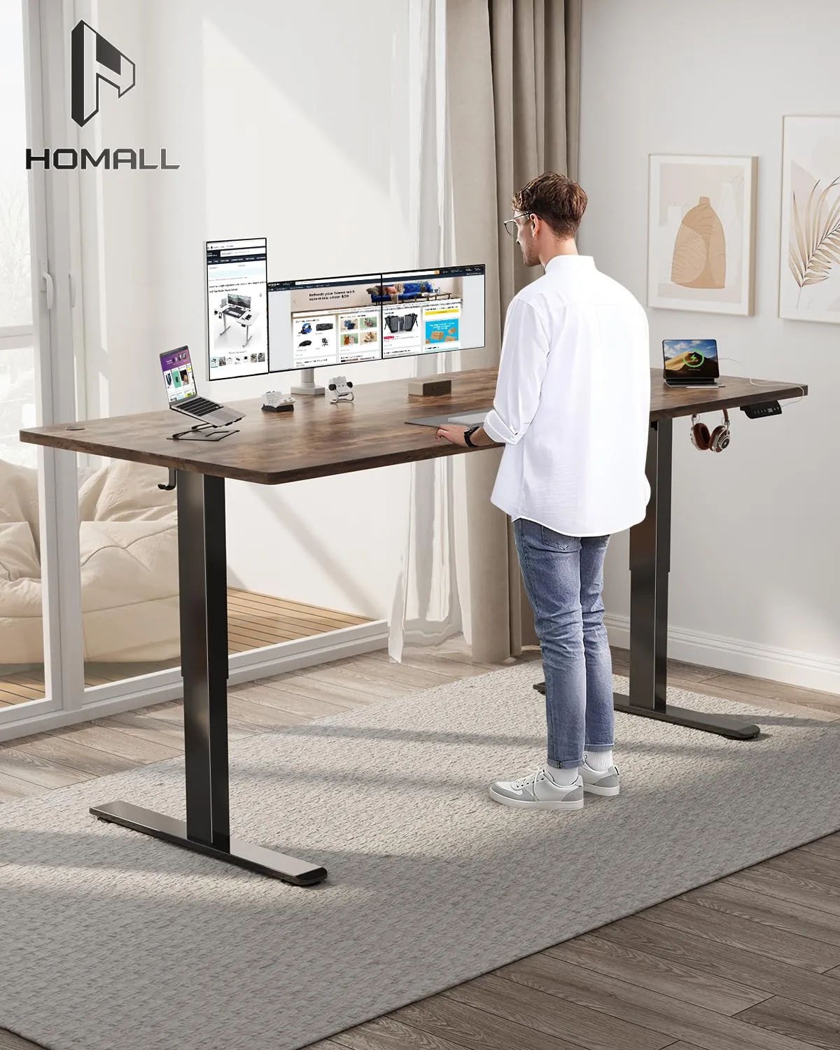 Homall Scrivania Regolabile in Altezza 180x80 cm con Porta USB, Marrone - immagine 2