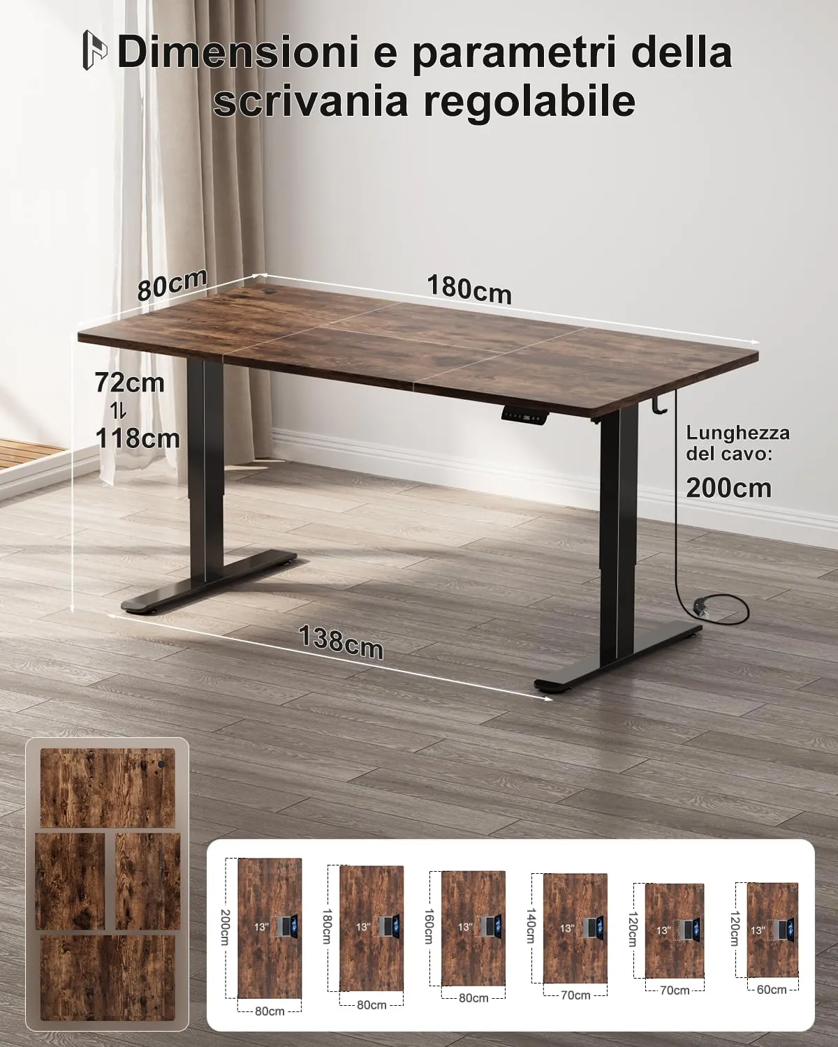 Homall Scrivania Regolabile in Altezza 180x80 cm con Porta USB, Marrone - immagine 4