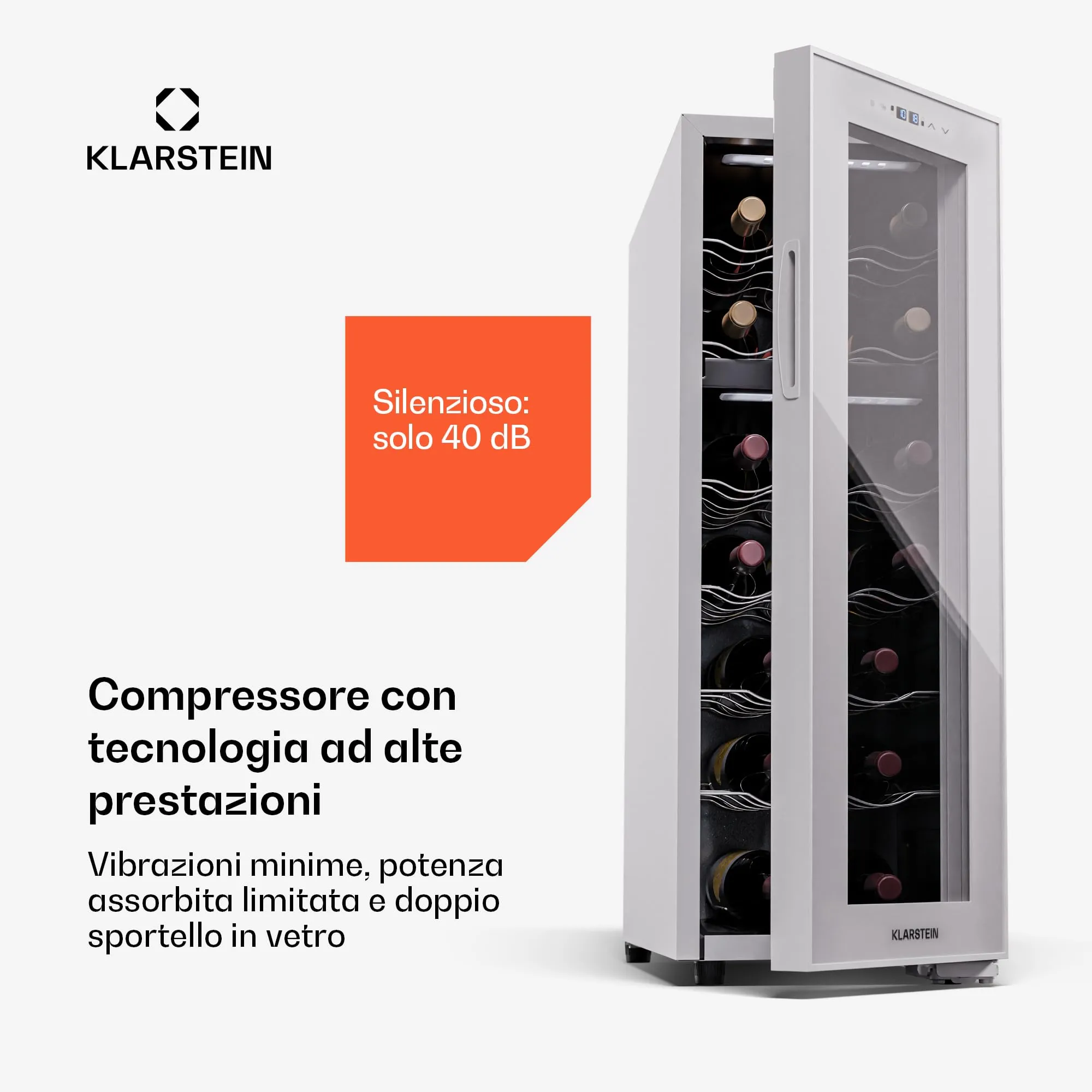 Klarstein Shiraz Cantinetta Vino Bianco, 18 Bottiglie, Doppia Temperatura, 5–18 °C, LED, Telaio Inox, Slim - immagine 2