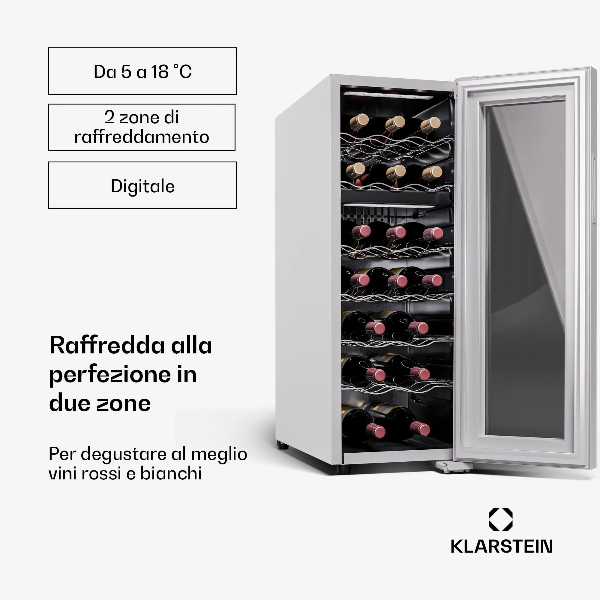 Klarstein Shiraz Cantinetta Vino Bianco, 18 Bottiglie, Doppia Temperatura, 5–18 °C, LED, Telaio Inox, Slim - immagine 3