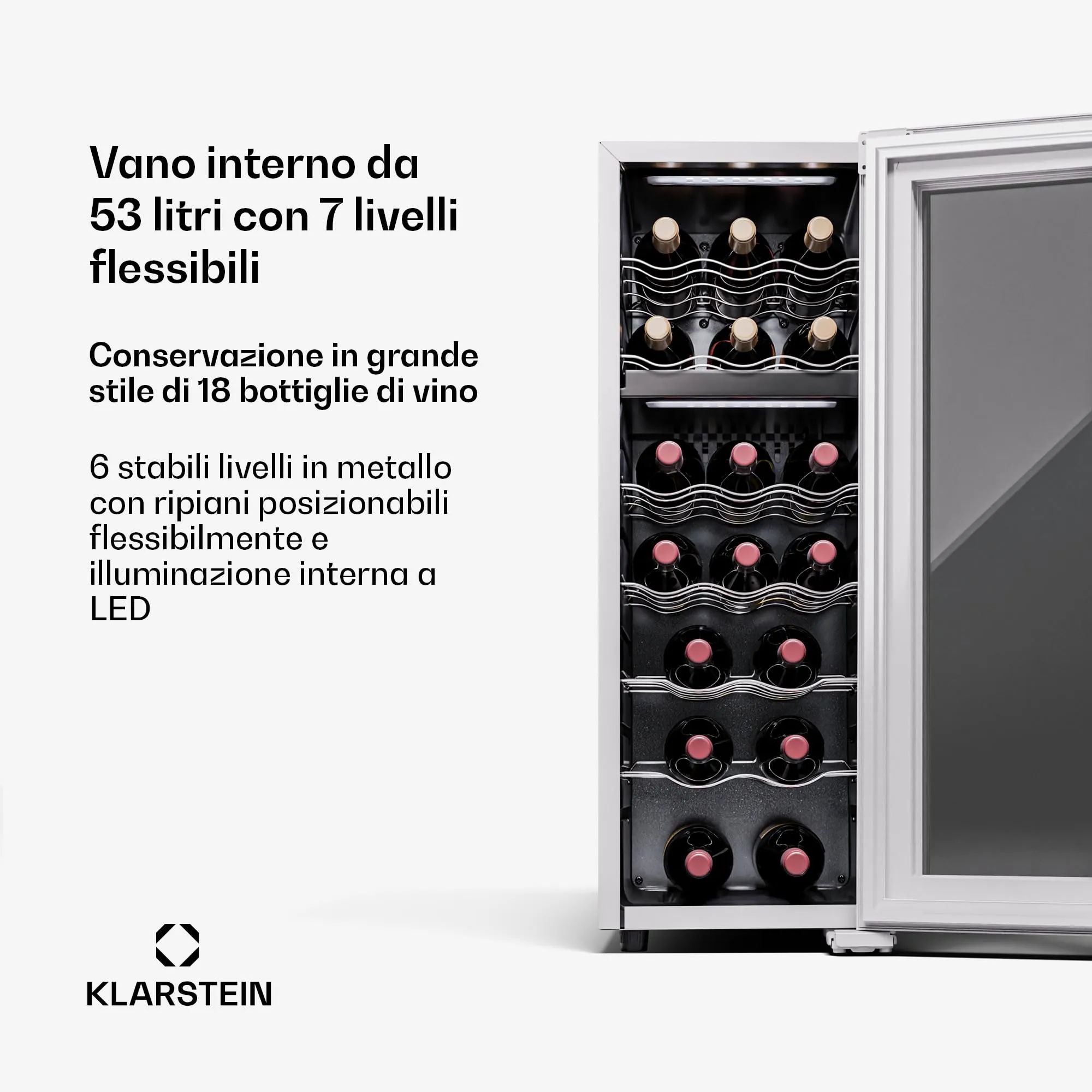 Klarstein Shiraz Cantinetta Vino Bianco, 18 Bottiglie, Doppia Temperatura, 5–18 °C, LED, Telaio Inox, Slim - immagine 4
