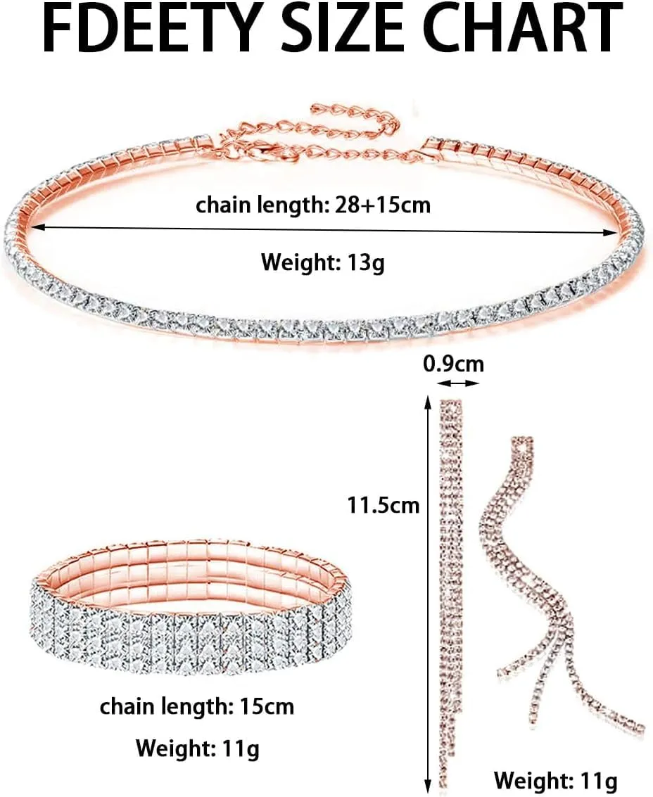 FDEETY Parure Gioielli Sposa in Strass e Cristallo, Collana, Orecchini e Bracciale (Oro Rosa) - immagine 3