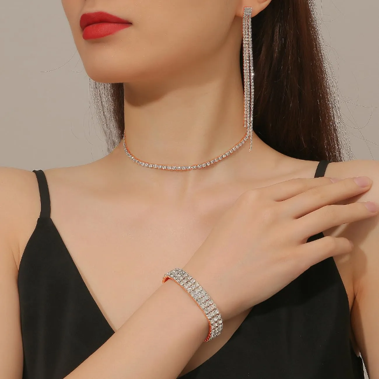 FDEETY Parure Gioielli Sposa in Strass e Cristallo, Collana, Orecchini e Bracciale (Oro Rosa) - immagine 4
