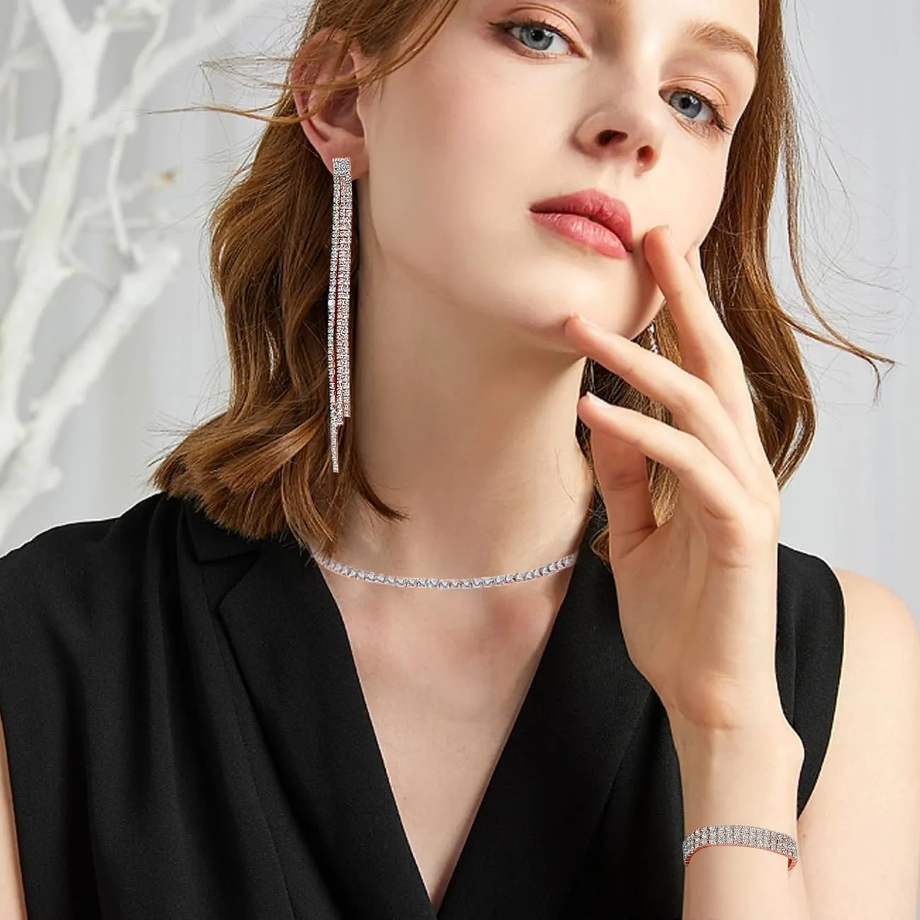 FDEETY Parure Gioielli Sposa in Strass e Cristallo, Collana, Orecchini e Bracciale (Oro Rosa) - immagine 6