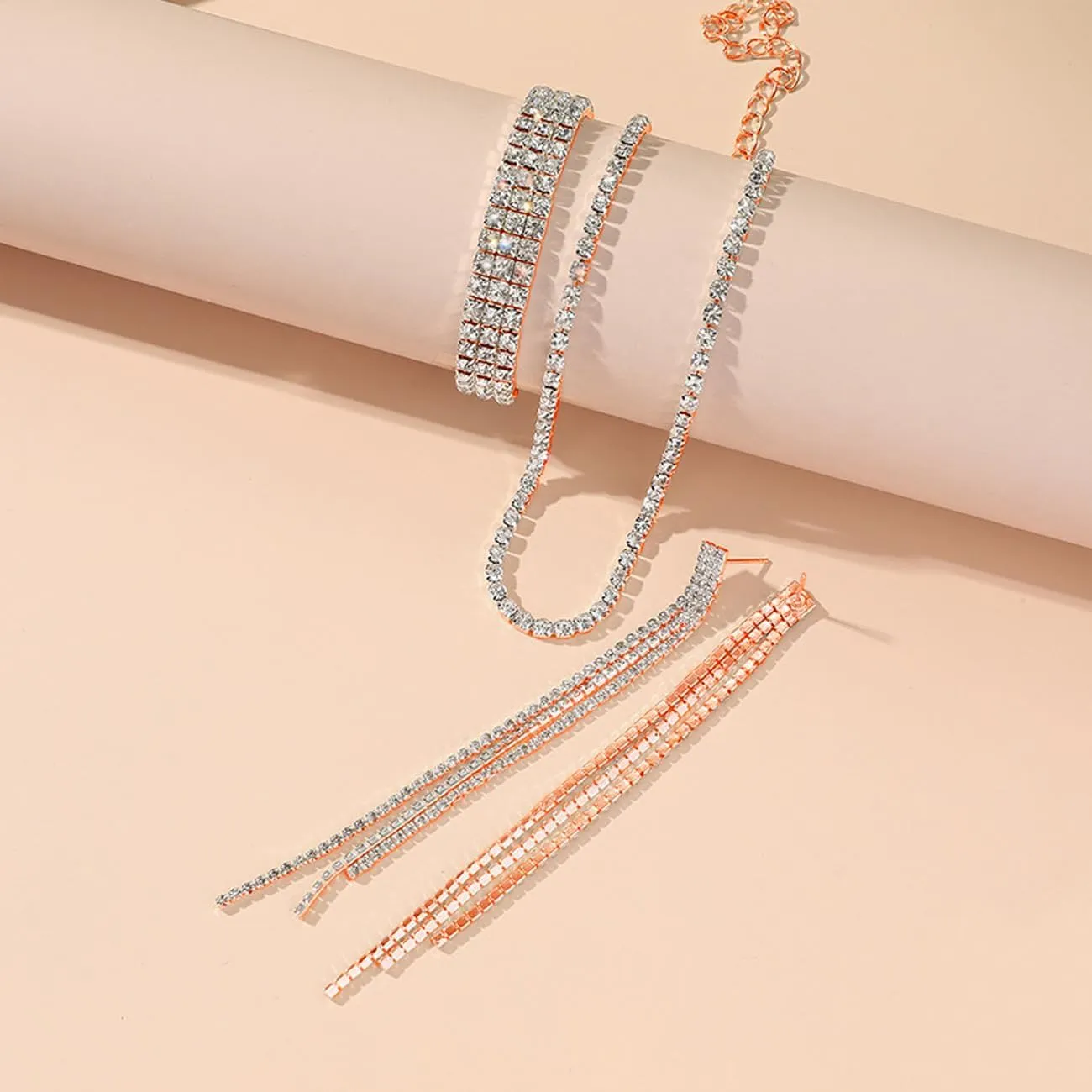 FDEETY Parure Gioielli Sposa in Strass e Cristallo, Collana, Orecchini e Bracciale (Oro Rosa) - immagine 7