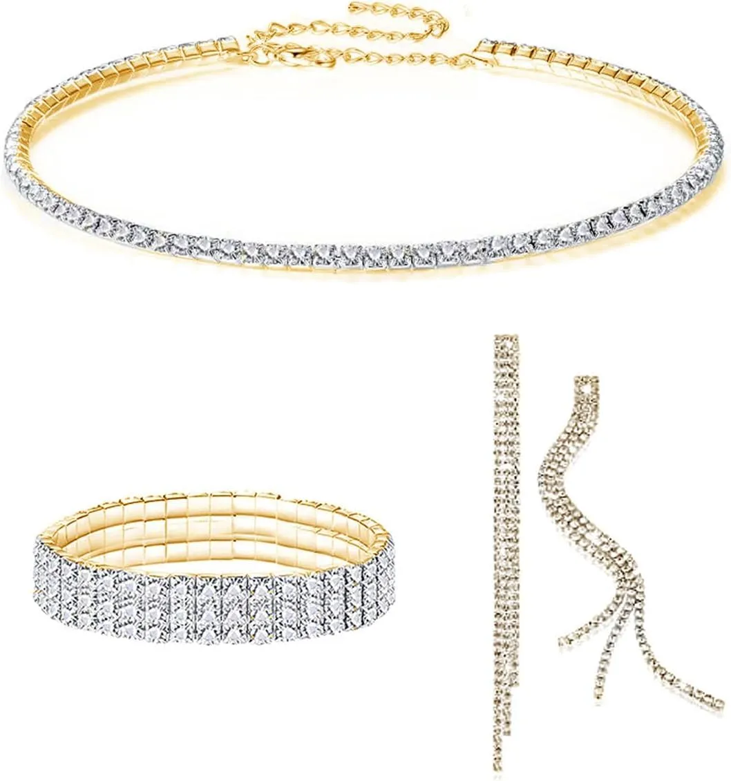 FDEETY Parure Gioielli Sposa in Strass e Cristallo, Collana, Orecchini e Bracciale (Oro) - immagine 1