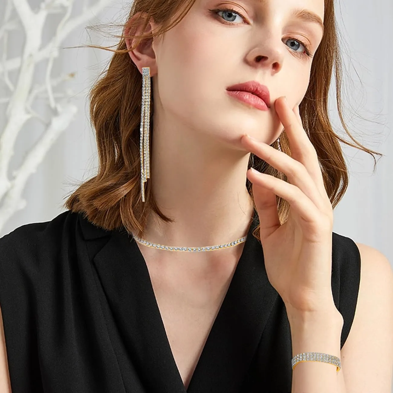 FDEETY Parure Gioielli Sposa in Strass e Cristallo, Collana, Orecchini e Bracciale (Oro) - immagine 5